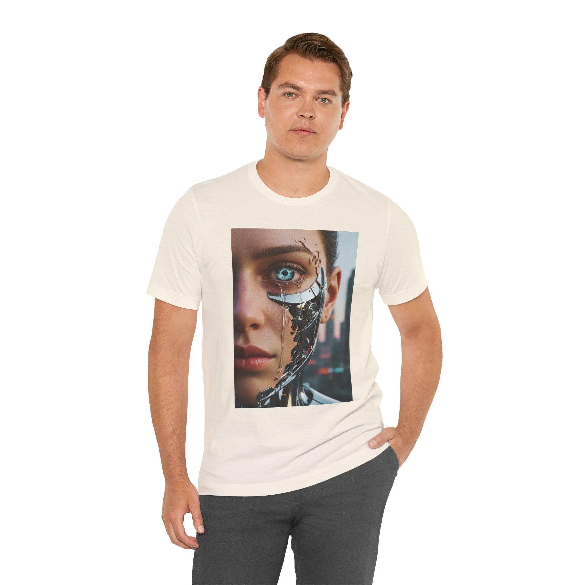 Cyborg Portrait T‑Shirt — Futuristic Android Face Graphic Tee