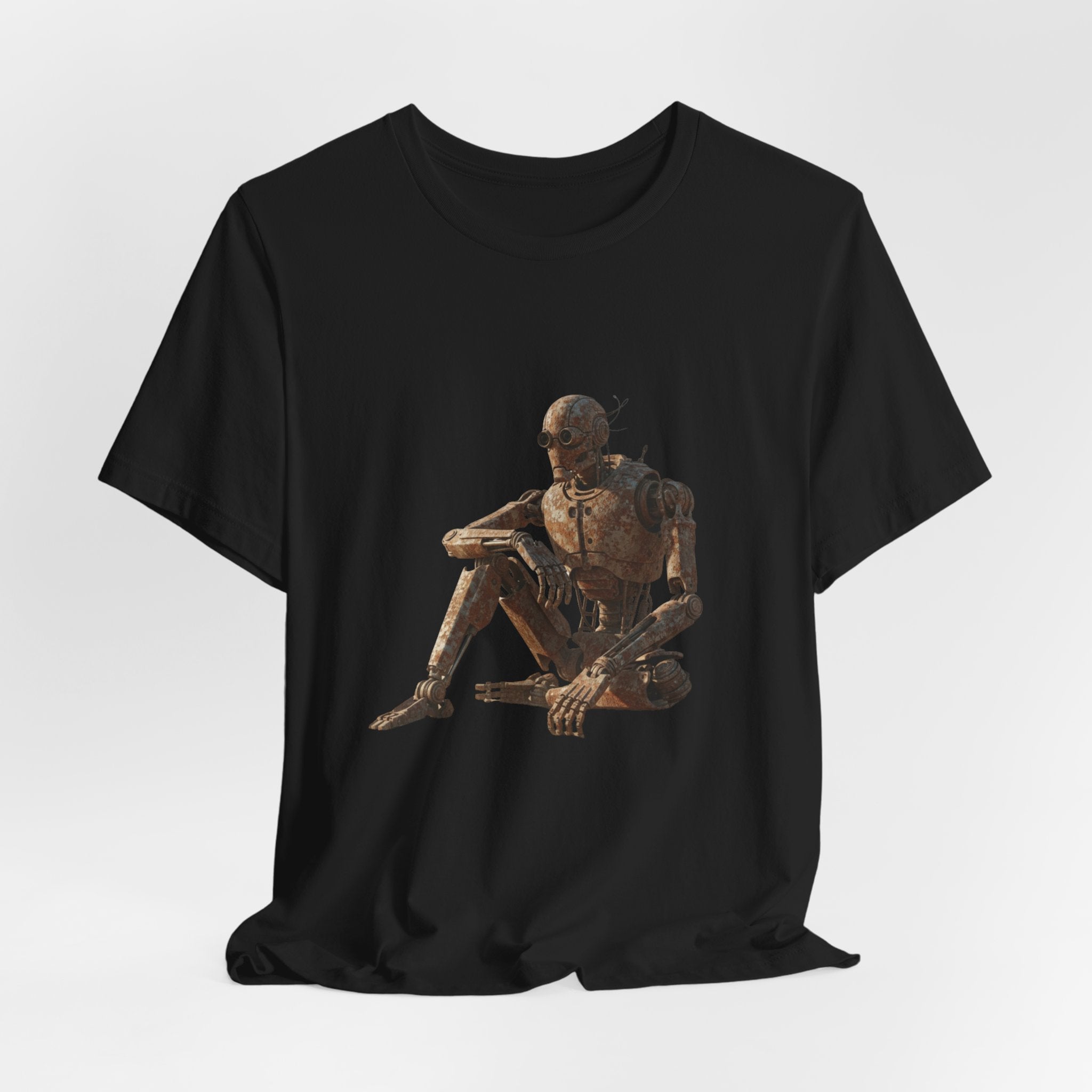 Rustic Robot Art Tee — Sitting Cyborg Graphic T-Shirt
