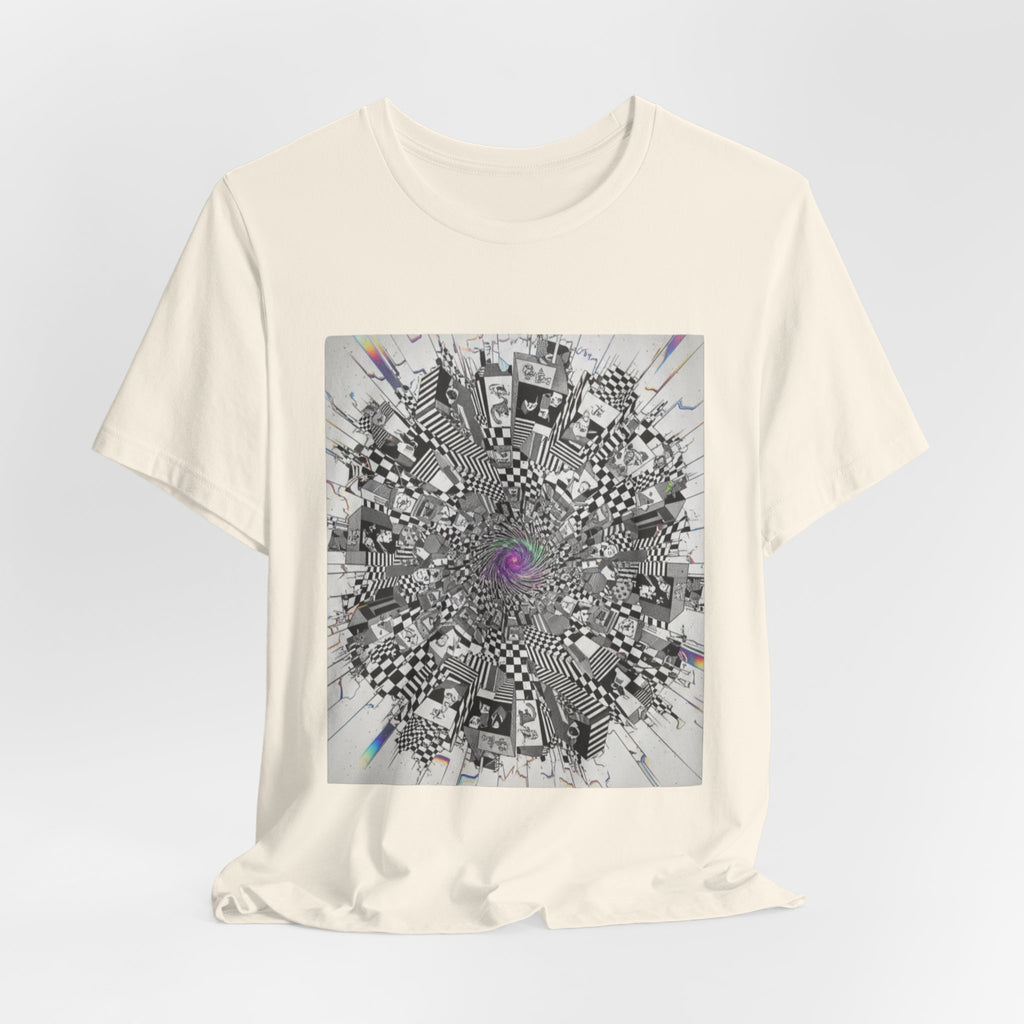 Psychedelic Cityscape Tee — Abstract Optical Art T‑Shirt with Purple Eye