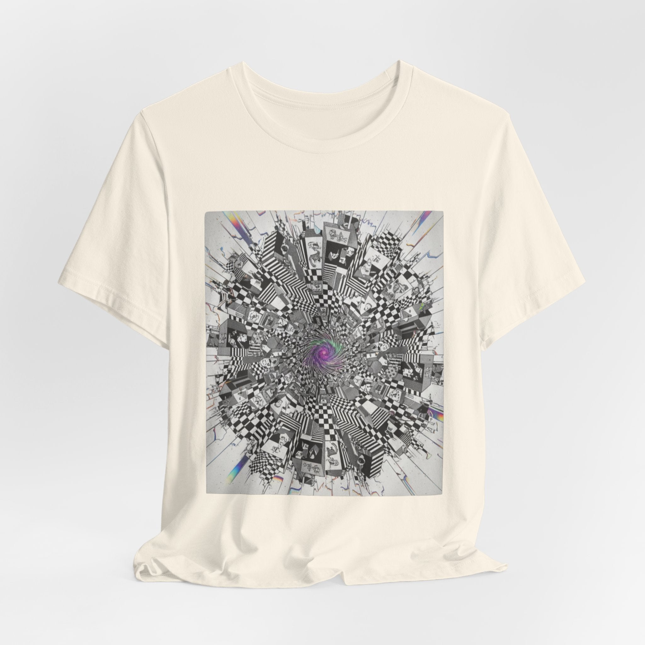Psychedelic Cityscape Tee — Abstract Optical Art T‑Shirt with Purple Eye