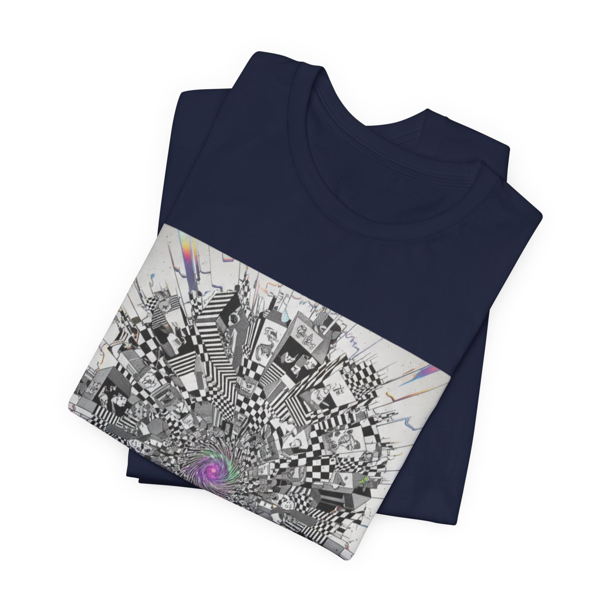 Psychedelic Cityscape Tee — Abstract Optical Art T‑Shirt with Purple Eye