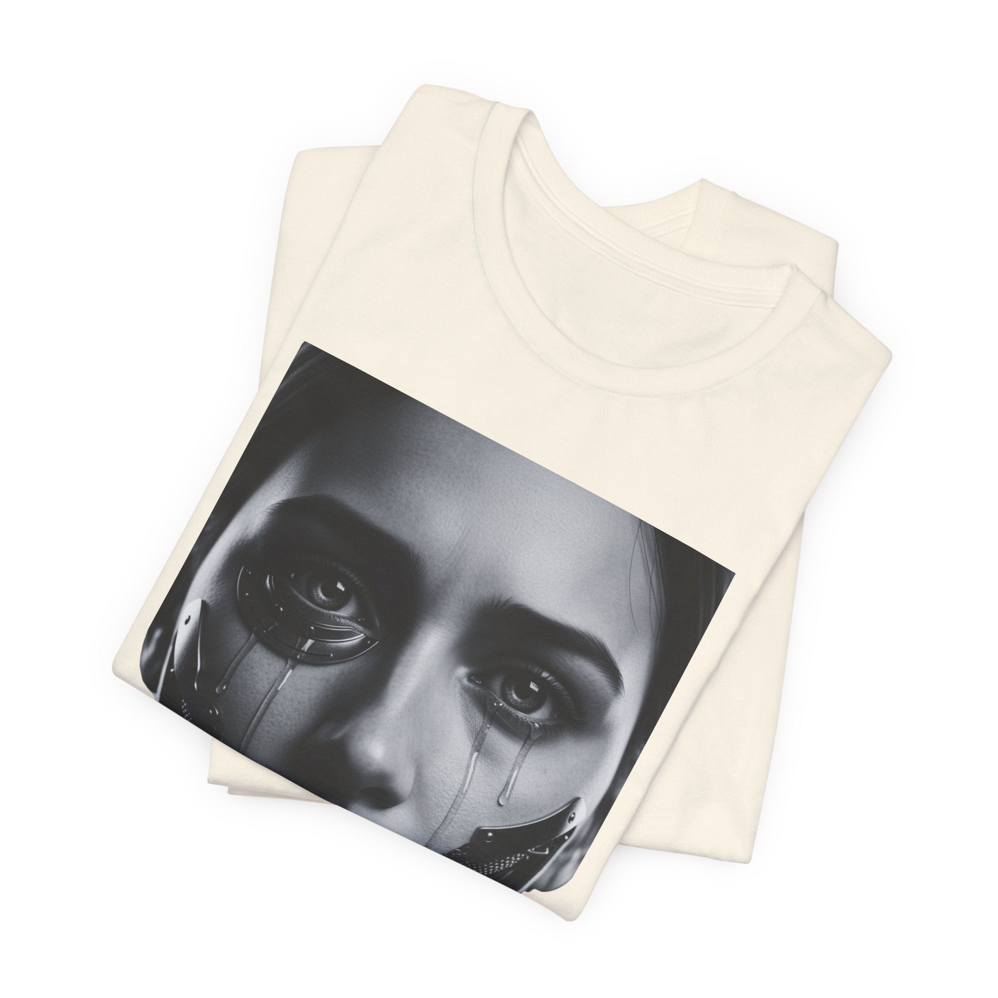 Cybernetic Woman Portrait Tee — Futuristic Black & White Sci‑Fi Face Graphic T-Shirt