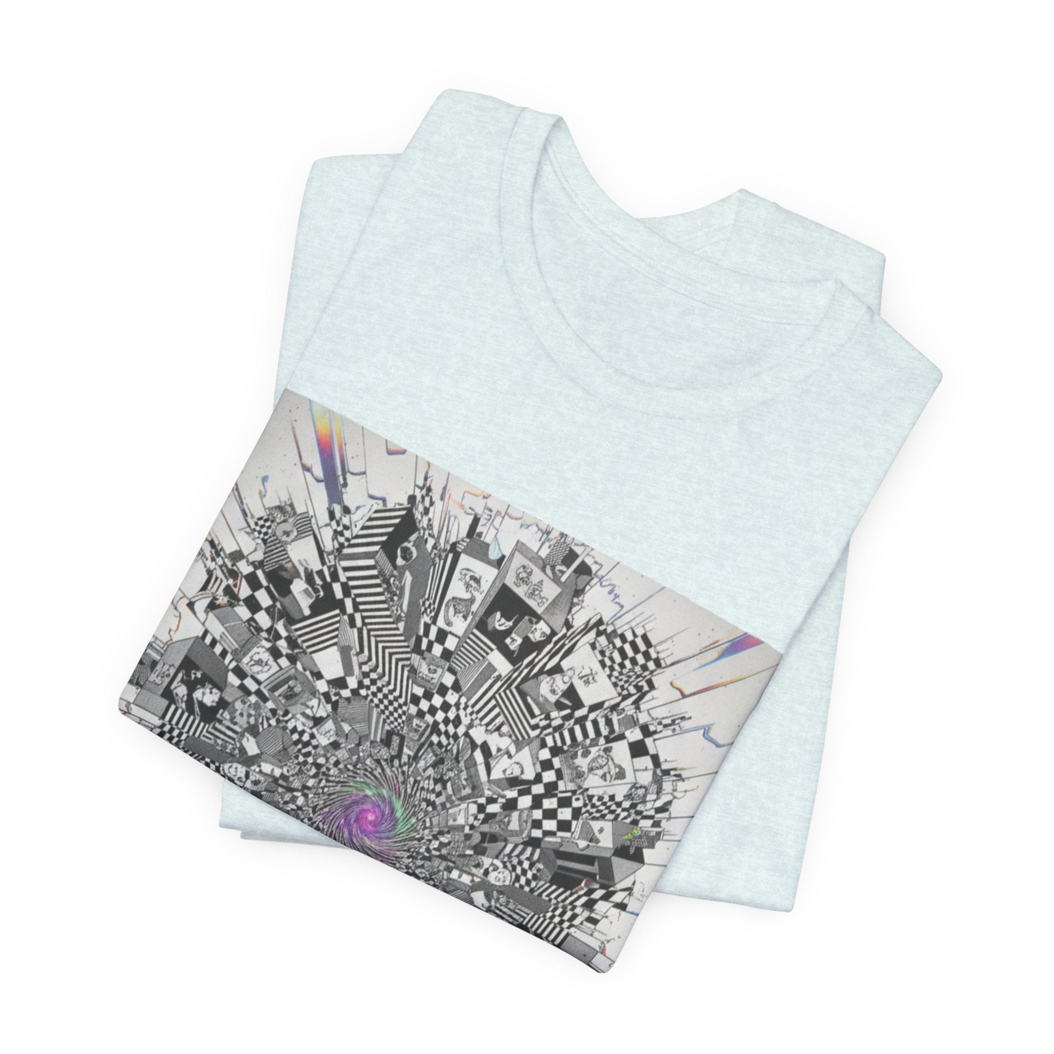 Psychedelic Cityscape Tee — Abstract Optical Art T‑Shirt with Purple Eye