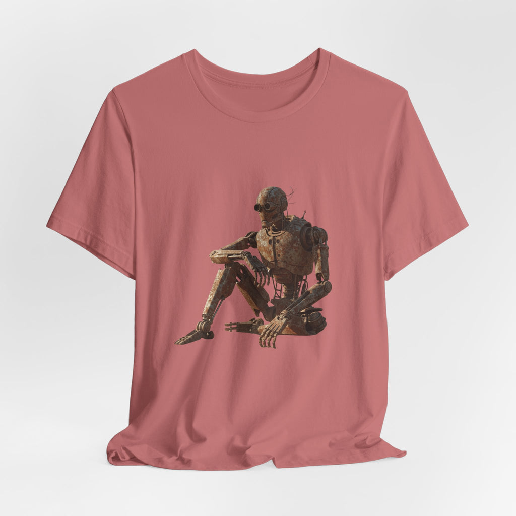 Rustic Robot Art Tee — Sitting Cyborg Graphic T-Shirt