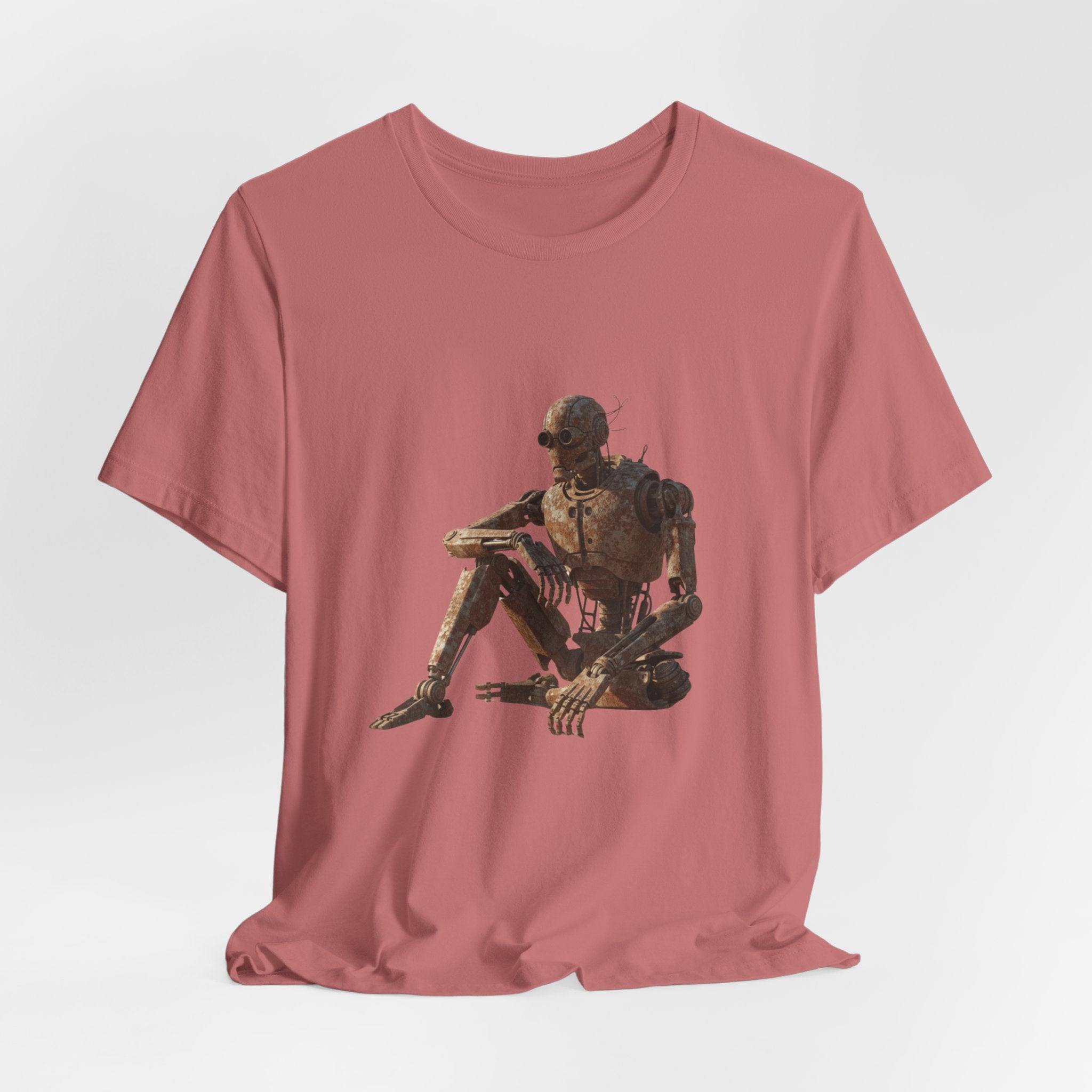 Rustic Robot Art Tee — Sitting Cyborg Graphic T-Shirt
