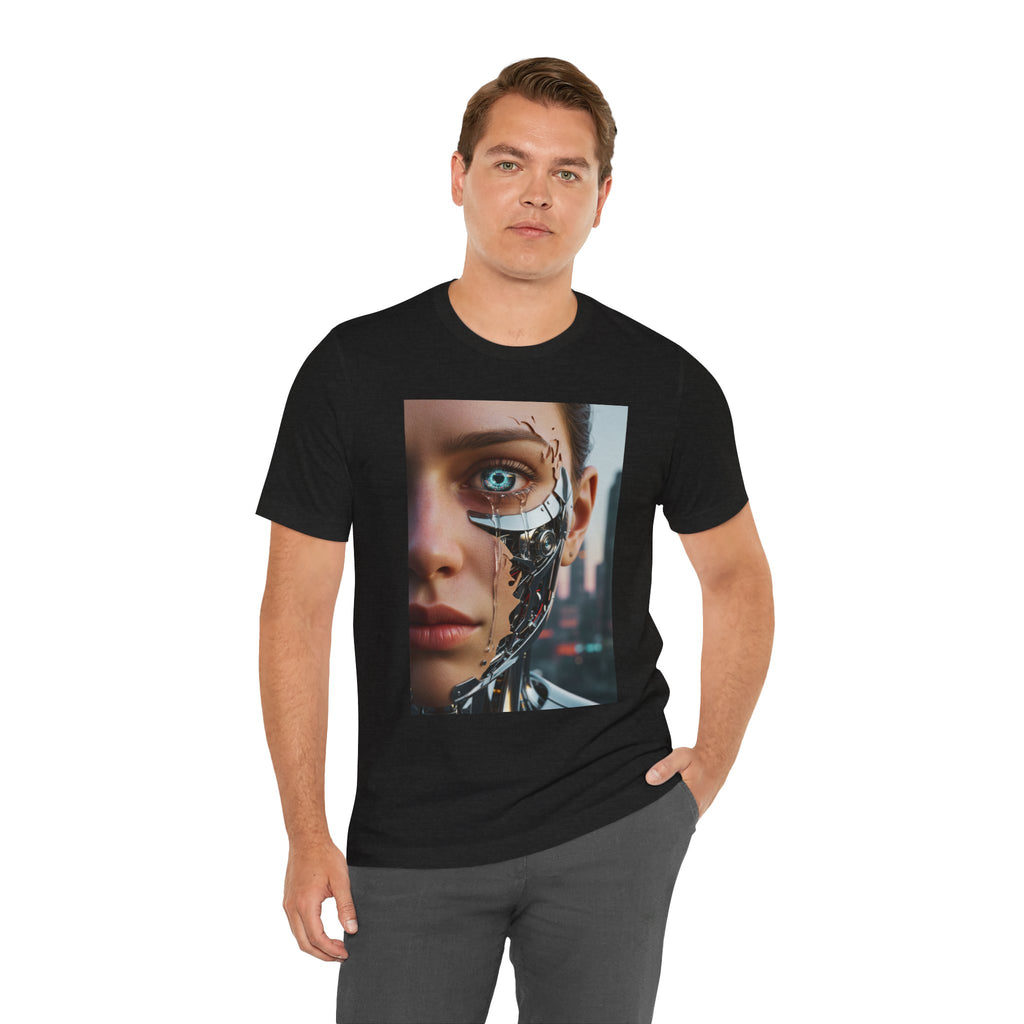 Cyborg Portrait T‑Shirt — Futuristic Android Face Graphic Tee