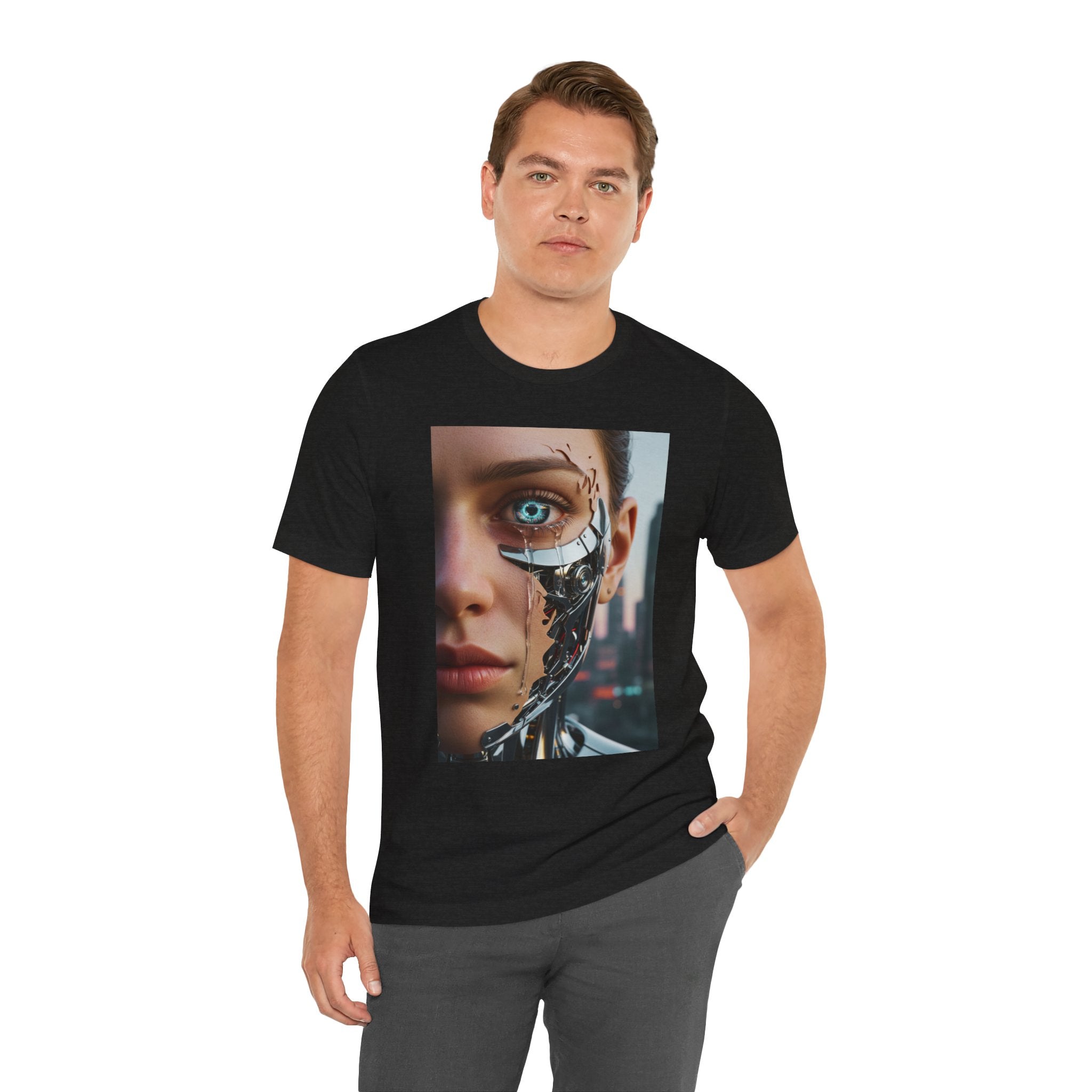 Cyborg Portrait T‑Shirt — Futuristic Android Face Graphic Tee