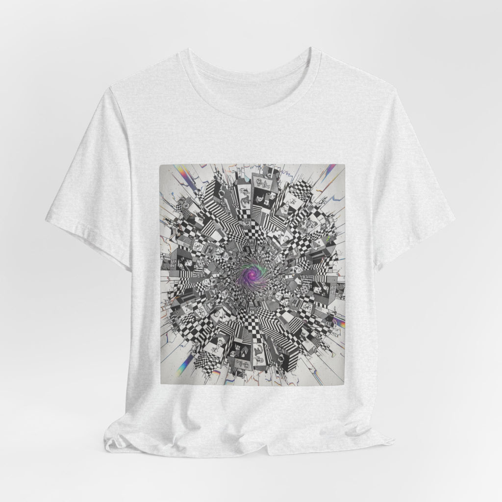Psychedelic Cityscape Tee — Abstract Optical Art T‑Shirt with Purple Eye