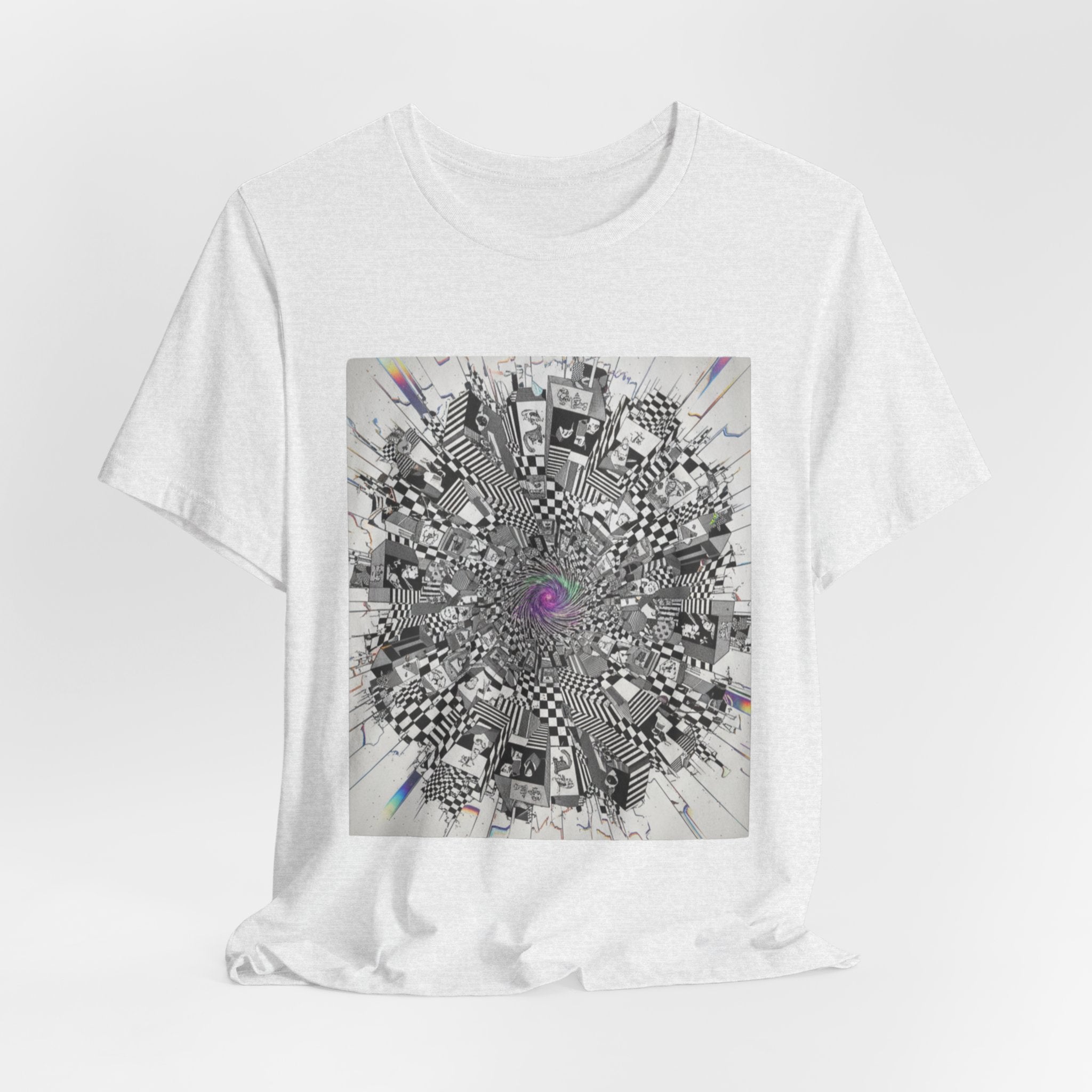 Psychedelic Cityscape Tee — Abstract Optical Art T‑Shirt with Purple Eye