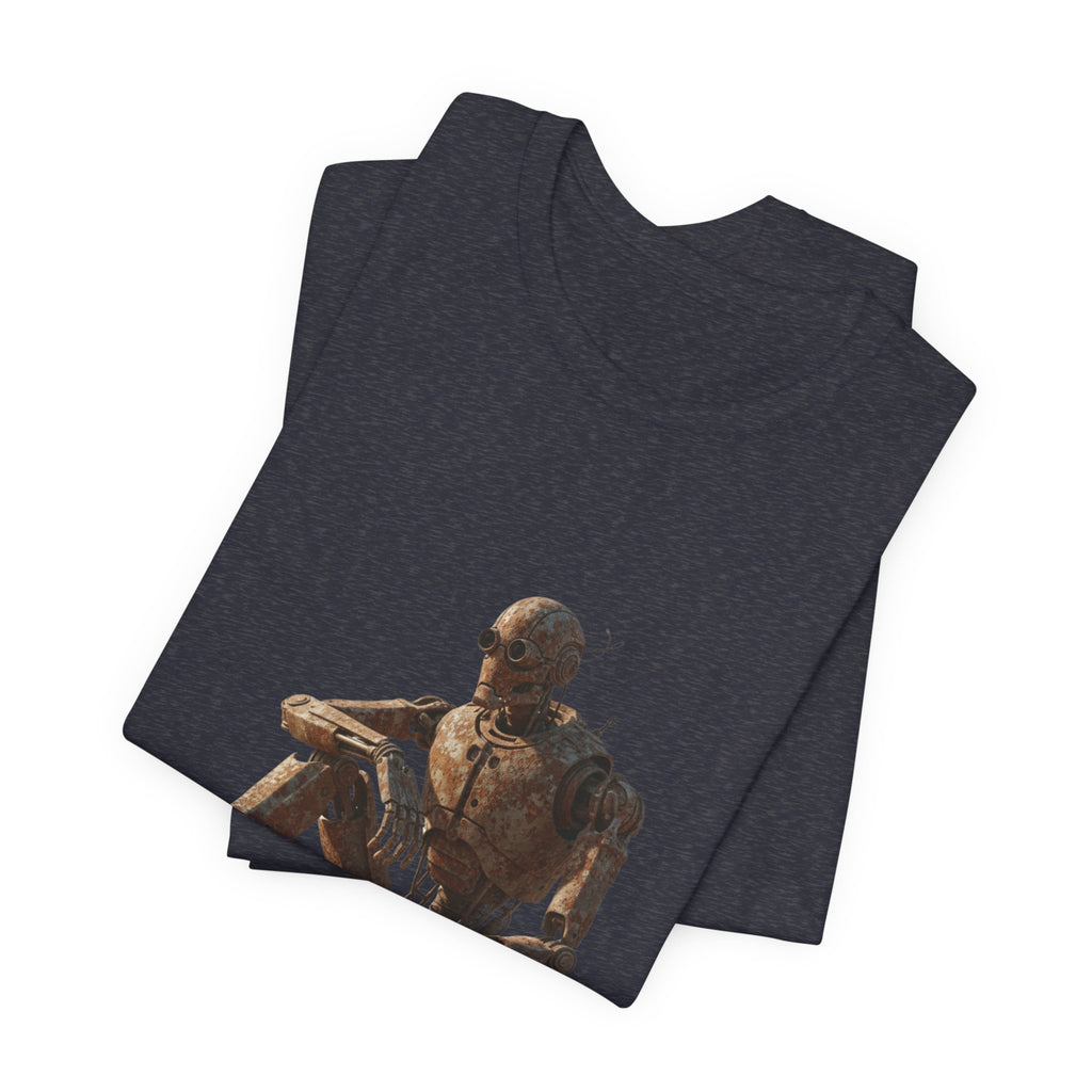 Rustic Robot Art Tee — Sitting Cyborg Graphic T-Shirt