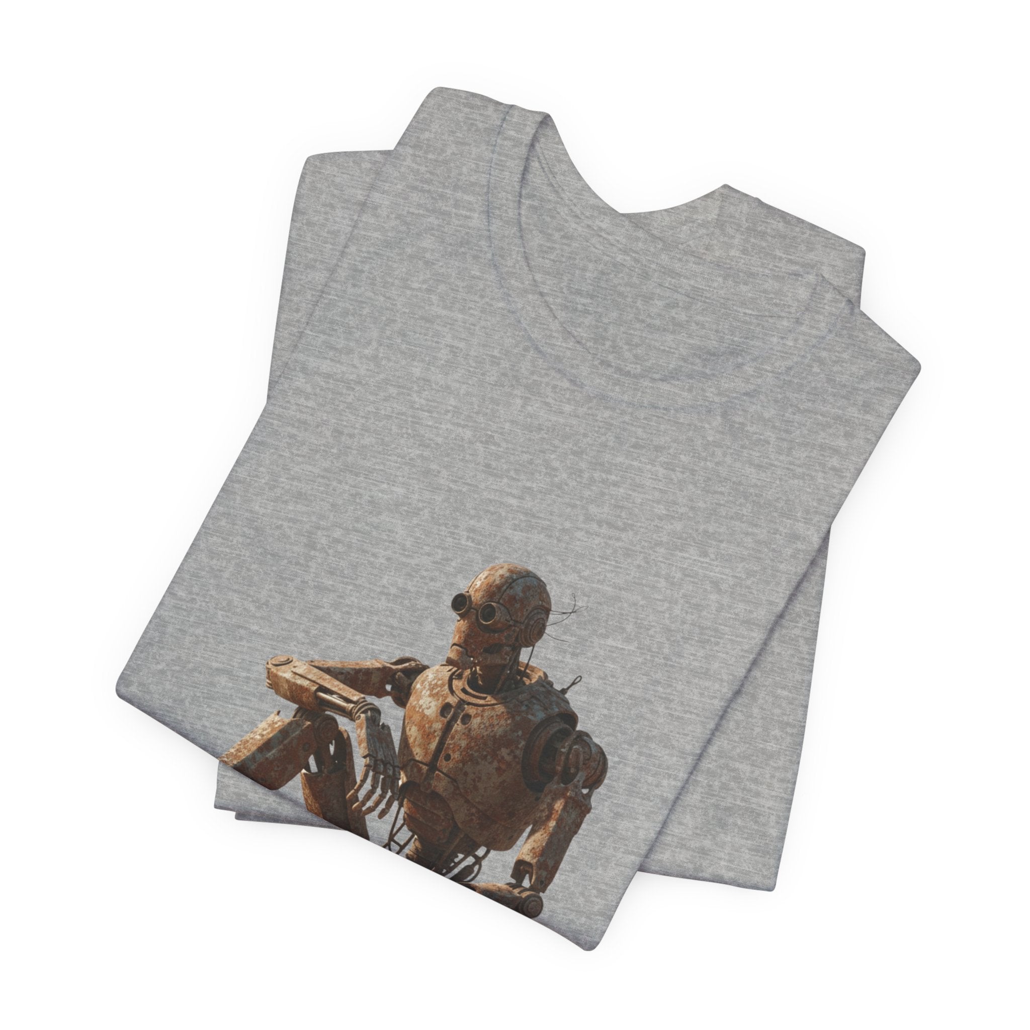 Rustic Robot Art Tee — Sitting Cyborg Graphic T-Shirt