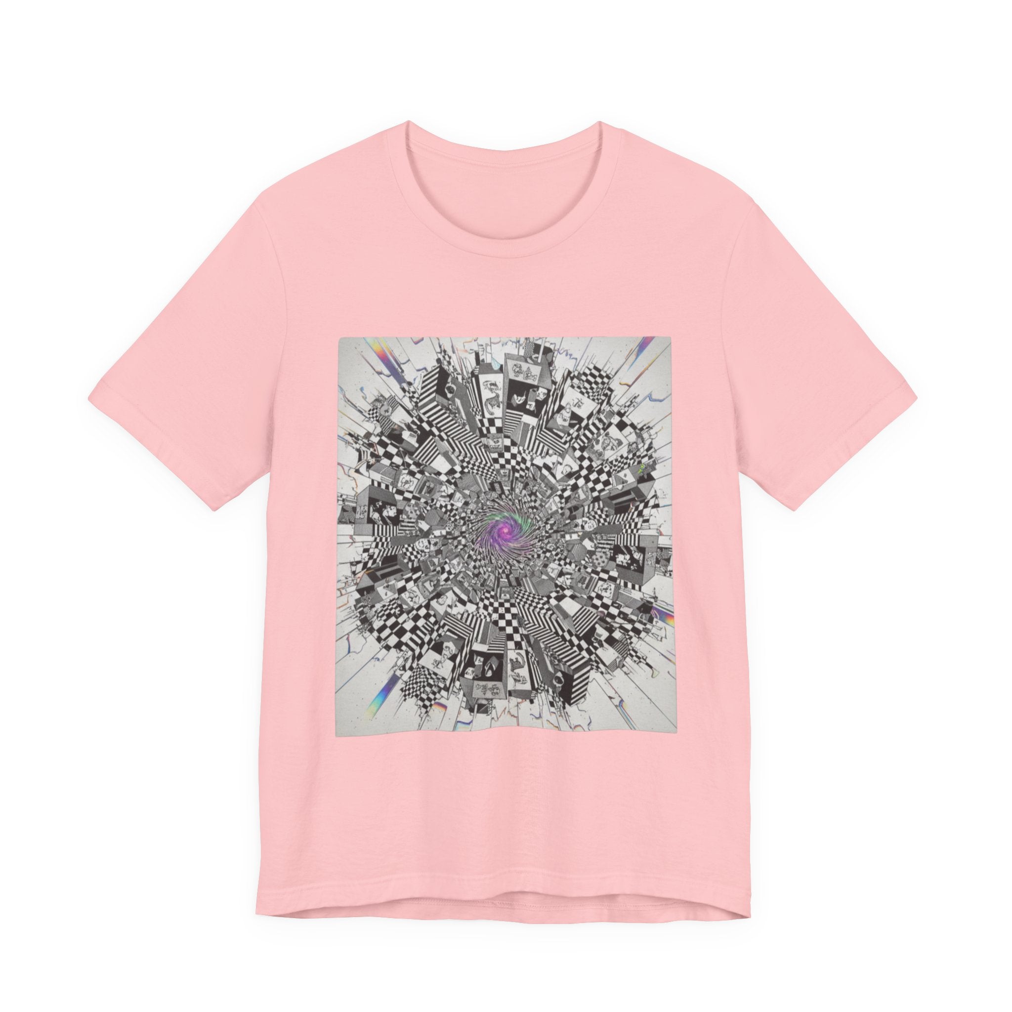Psychedelic Cityscape Tee — Abstract Optical Art T‑Shirt with Purple Eye