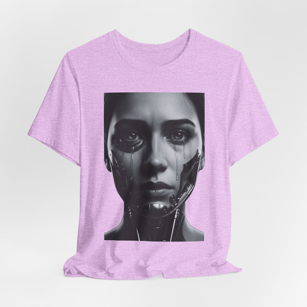 Cybernetic Woman Portrait Tee — Futuristic Black & White Sci‑Fi Face Graphic T-Shirt