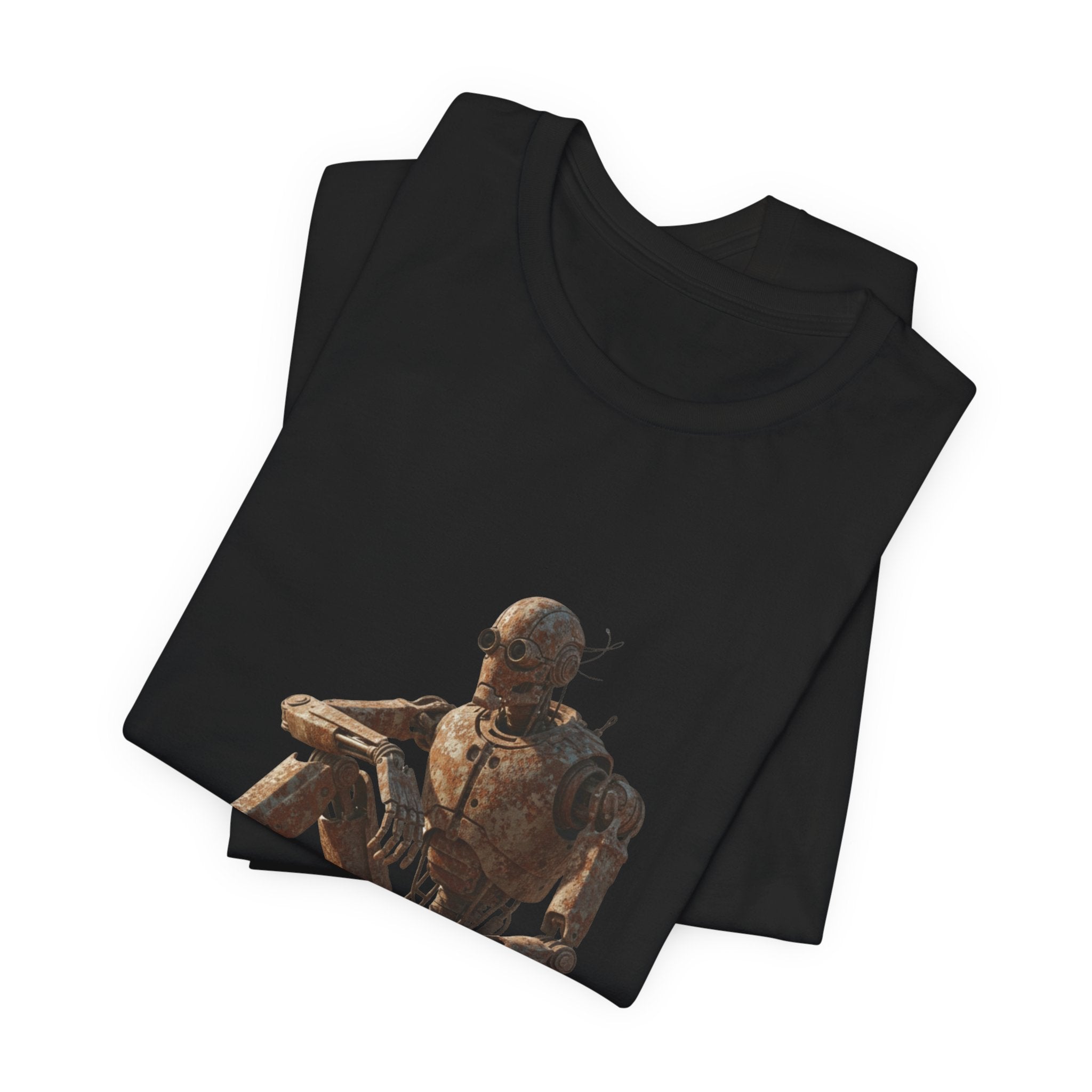 Rustic Robot Art Tee — Sitting Cyborg Graphic T-Shirt