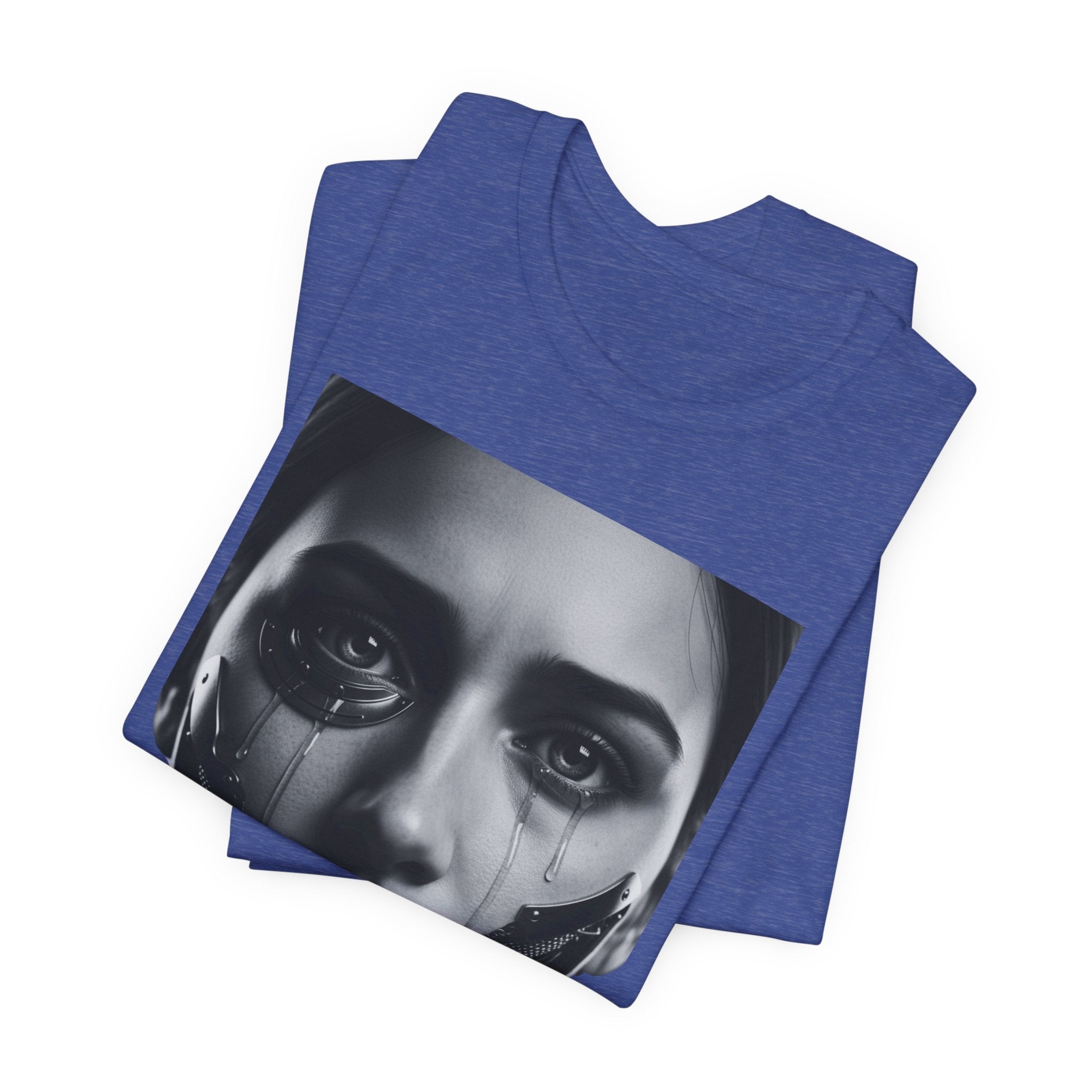 Cybernetic Woman Portrait Tee — Futuristic Black & White Sci‑Fi Face Graphic T-Shirt