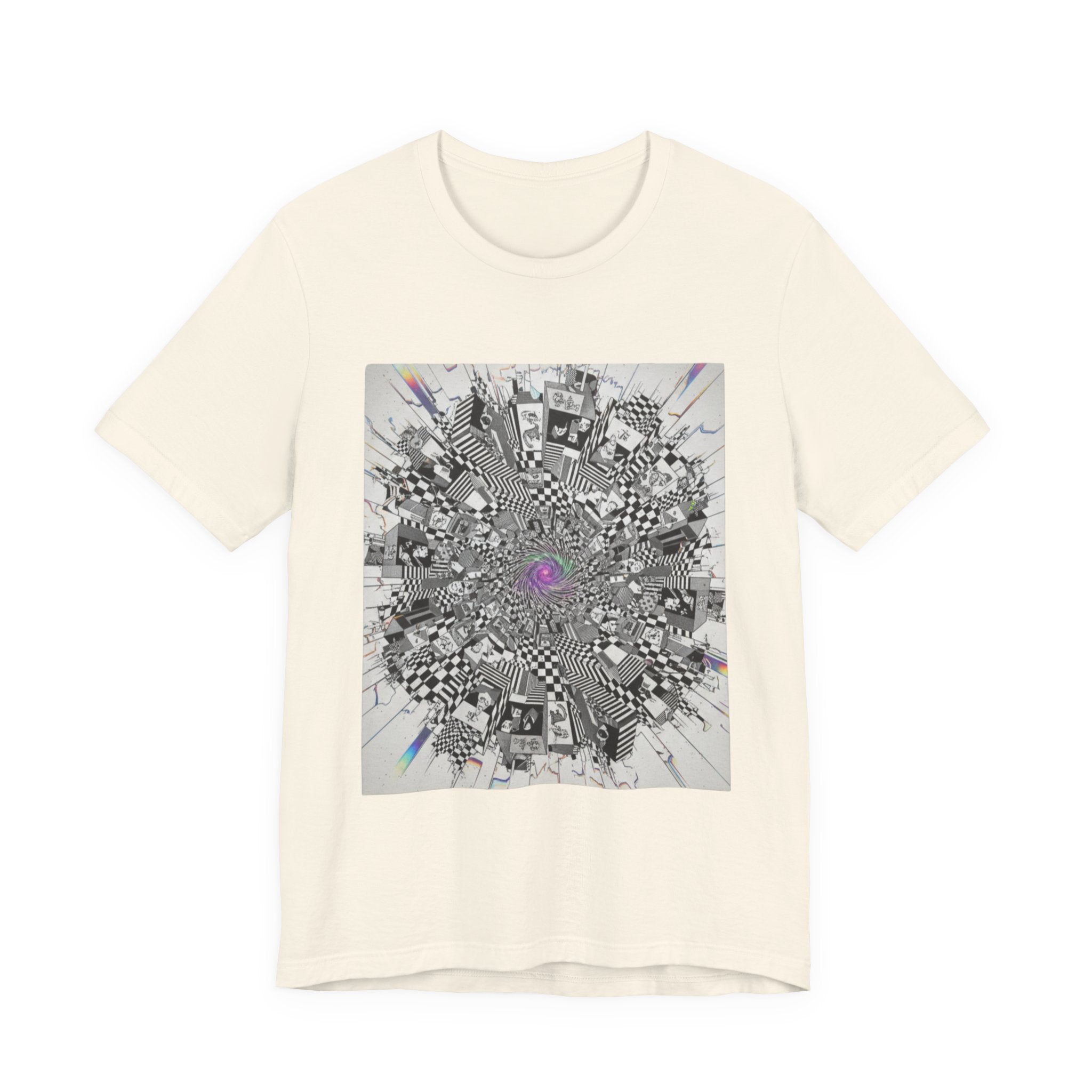 Psychedelic Cityscape Tee — Abstract Optical Art T‑Shirt with Purple Eye