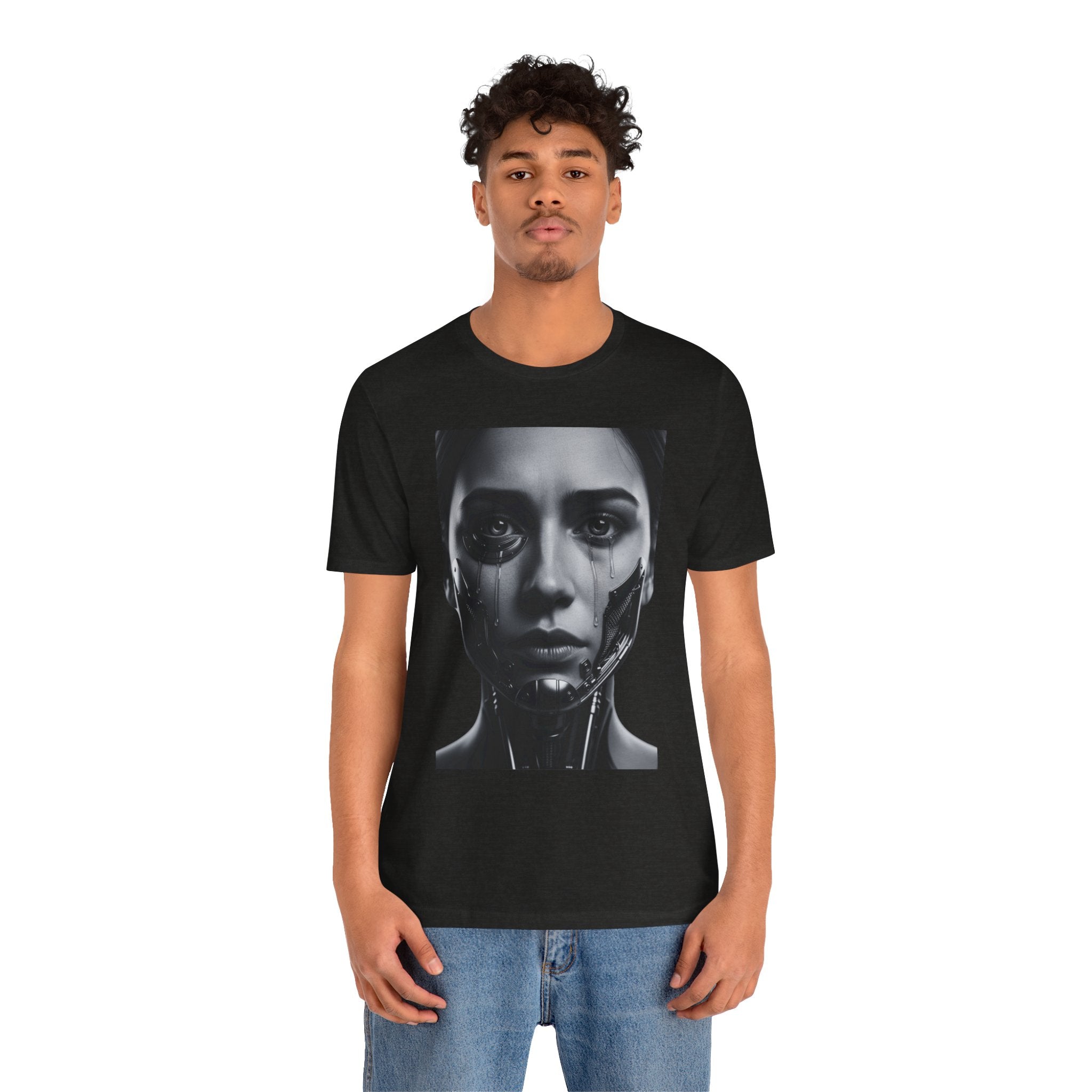 Cybernetic Woman Portrait Tee — Futuristic Black & White Sci‑Fi Face Graphic T-Shirt