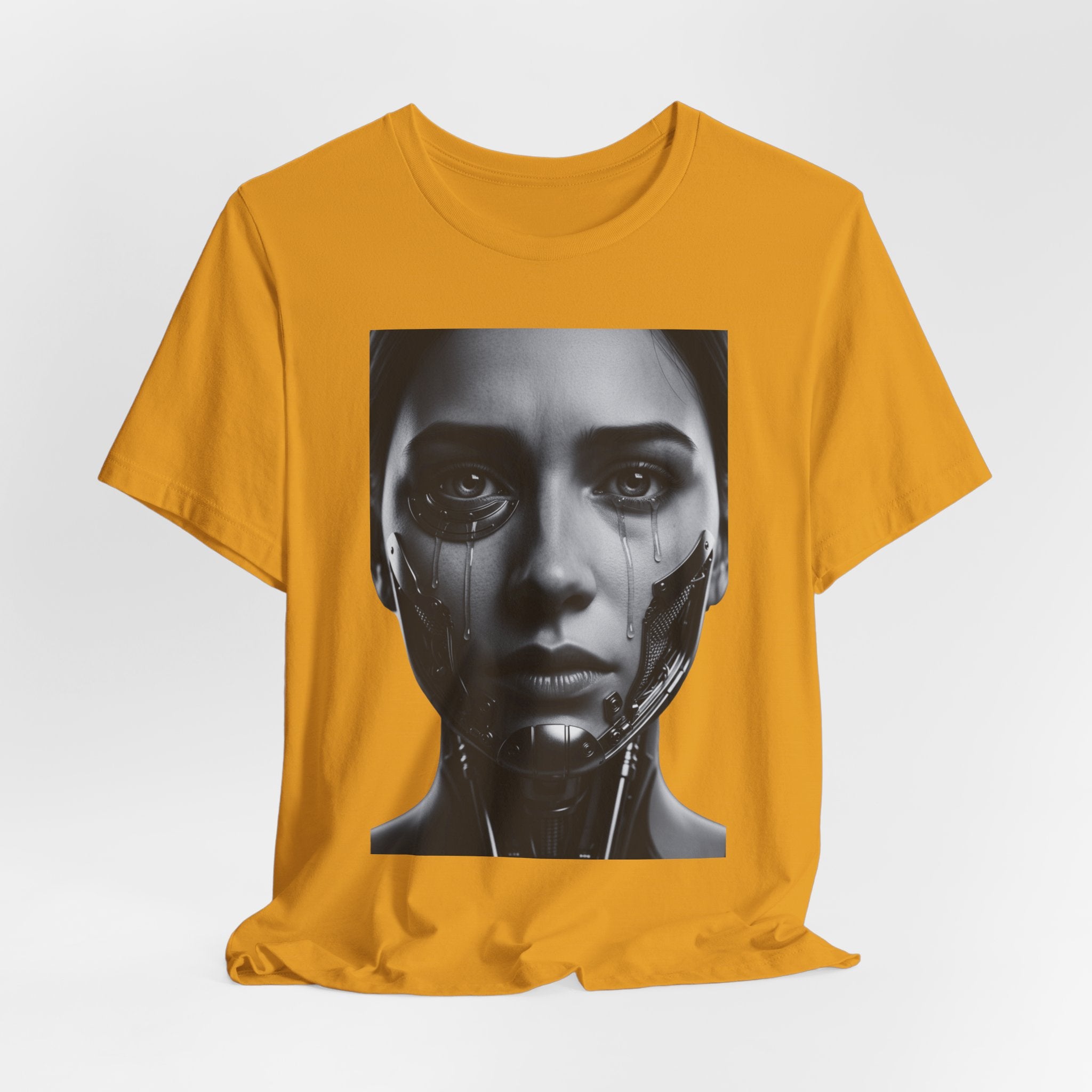 Cybernetic Woman Portrait Tee — Futuristic Black & White Sci‑Fi Face Graphic T-Shirt