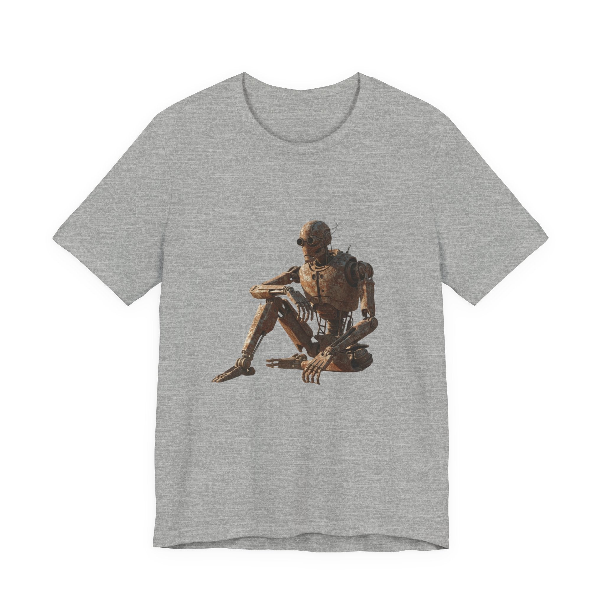 Rustic Robot Art Tee — Sitting Cyborg Graphic T-Shirt