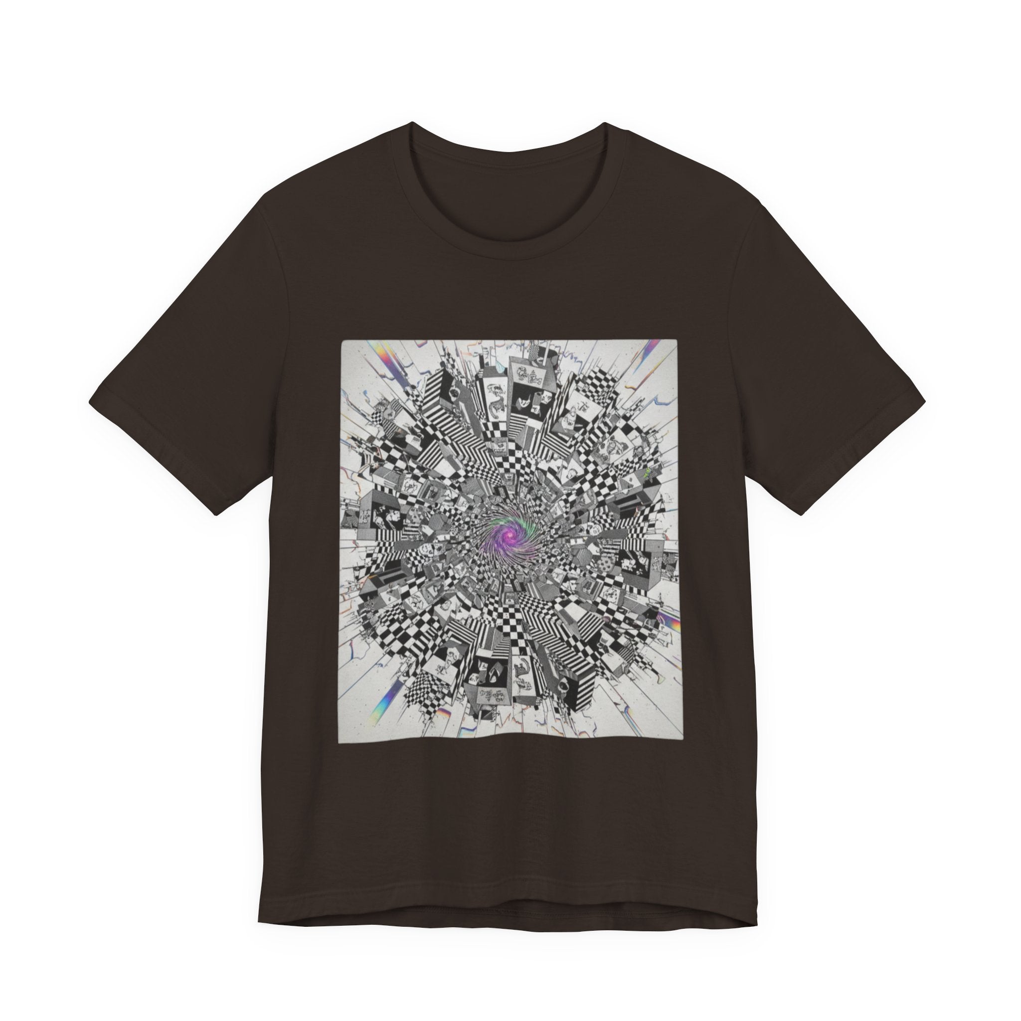 Psychedelic Cityscape Tee — Abstract Optical Art T‑Shirt with Purple Eye