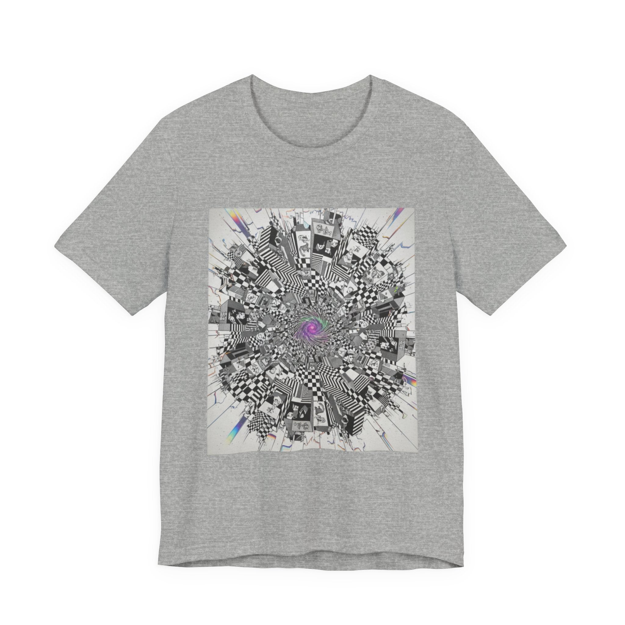 Psychedelic Cityscape Tee — Abstract Optical Art T‑Shirt with Purple Eye