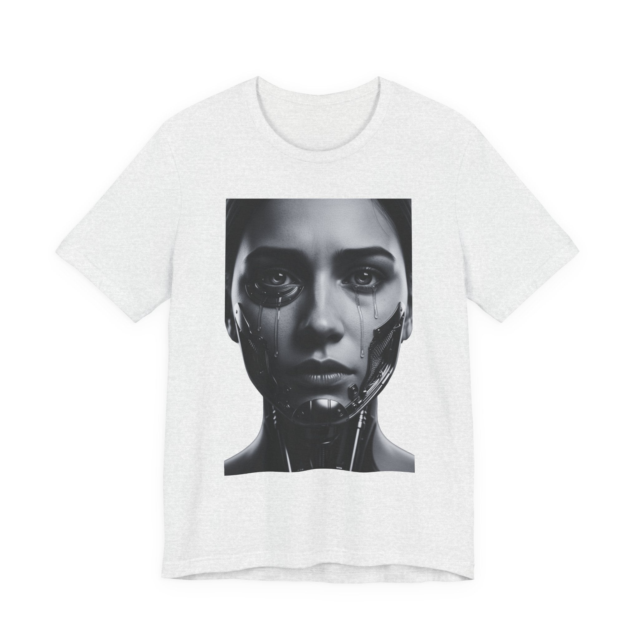 Cybernetic Woman Portrait Tee — Futuristic Black & White Sci‑Fi Face Graphic T-Shirt