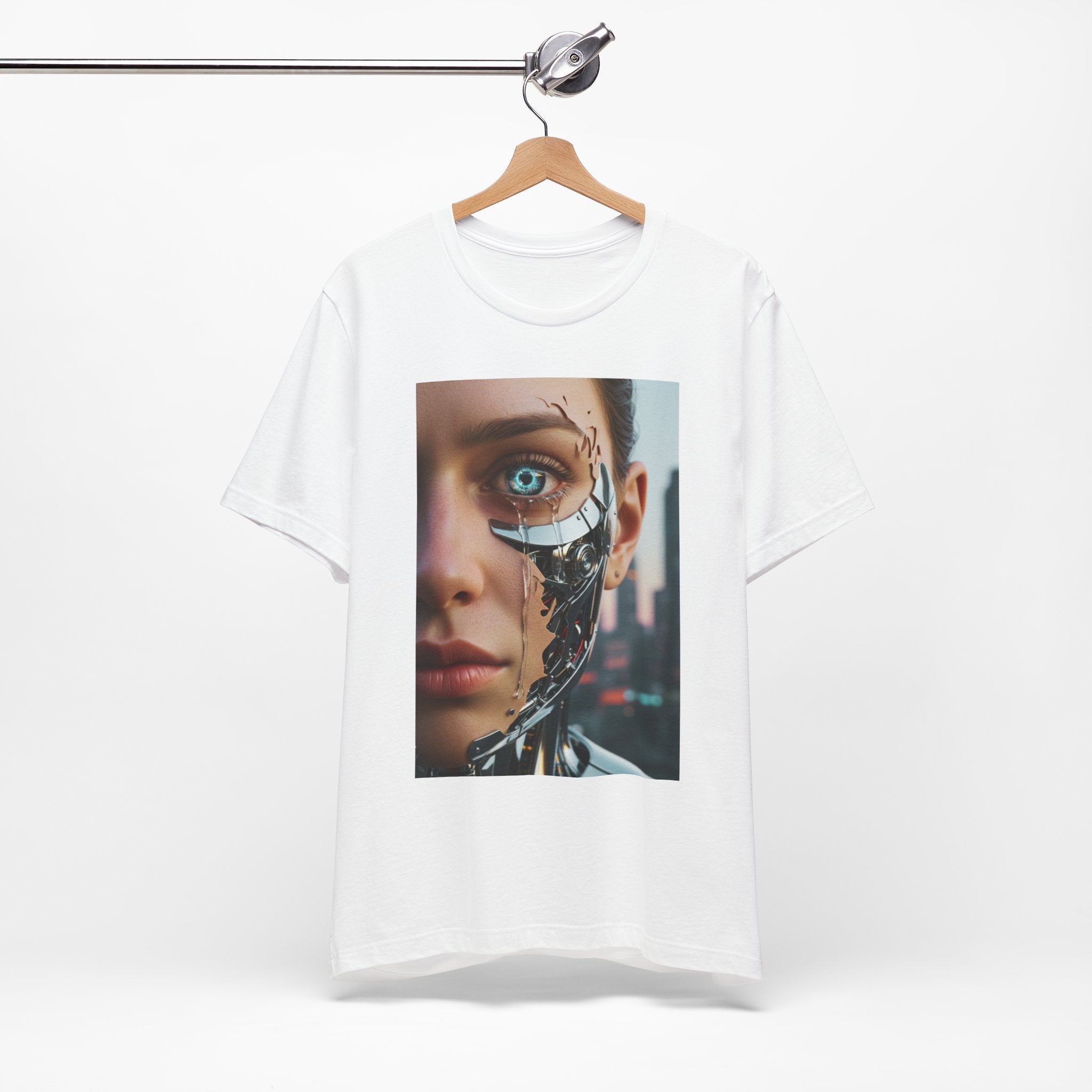 Cyborg Portrait T‑Shirt — Futuristic Android Face Graphic Tee