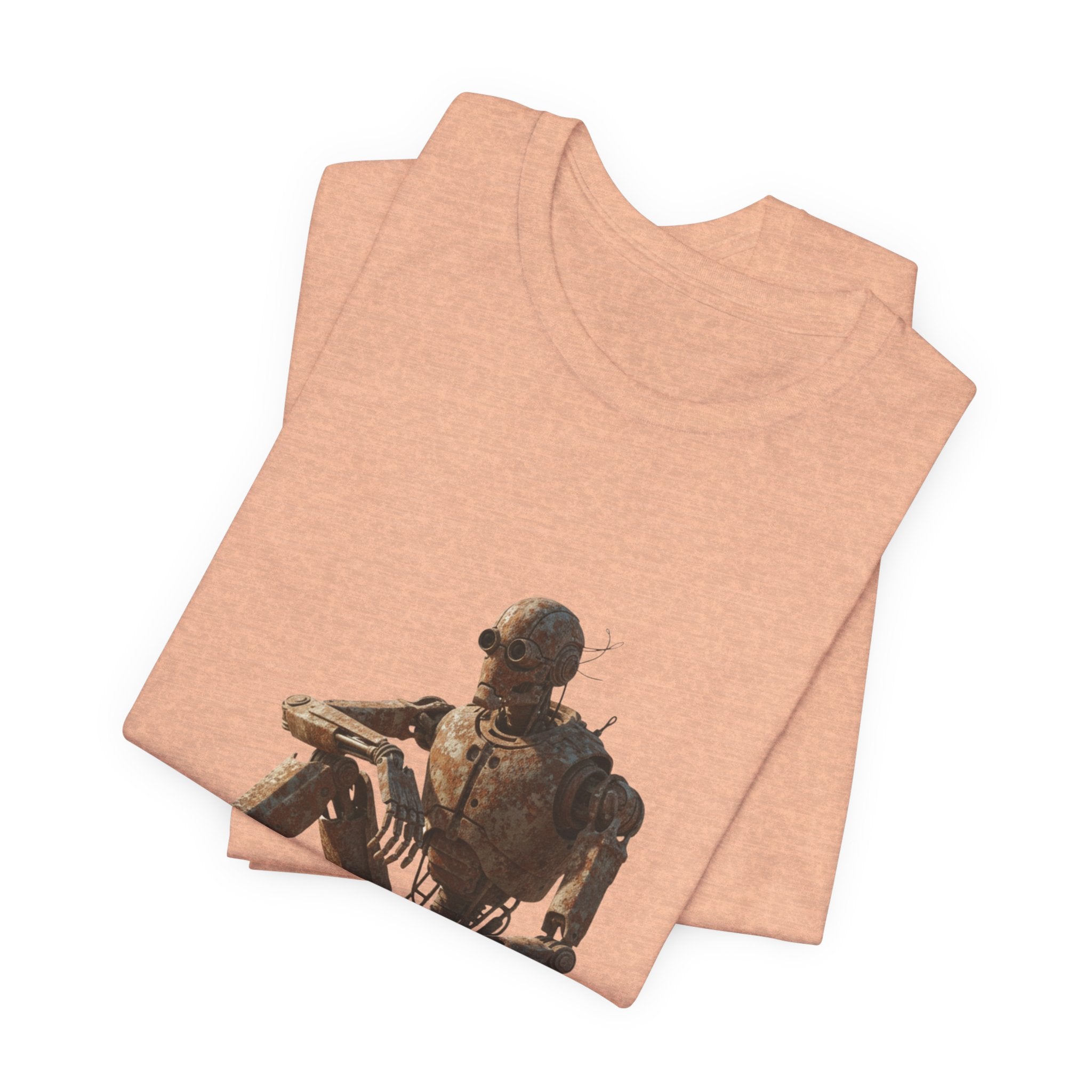 Rustic Robot Art Tee — Sitting Cyborg Graphic T-Shirt
