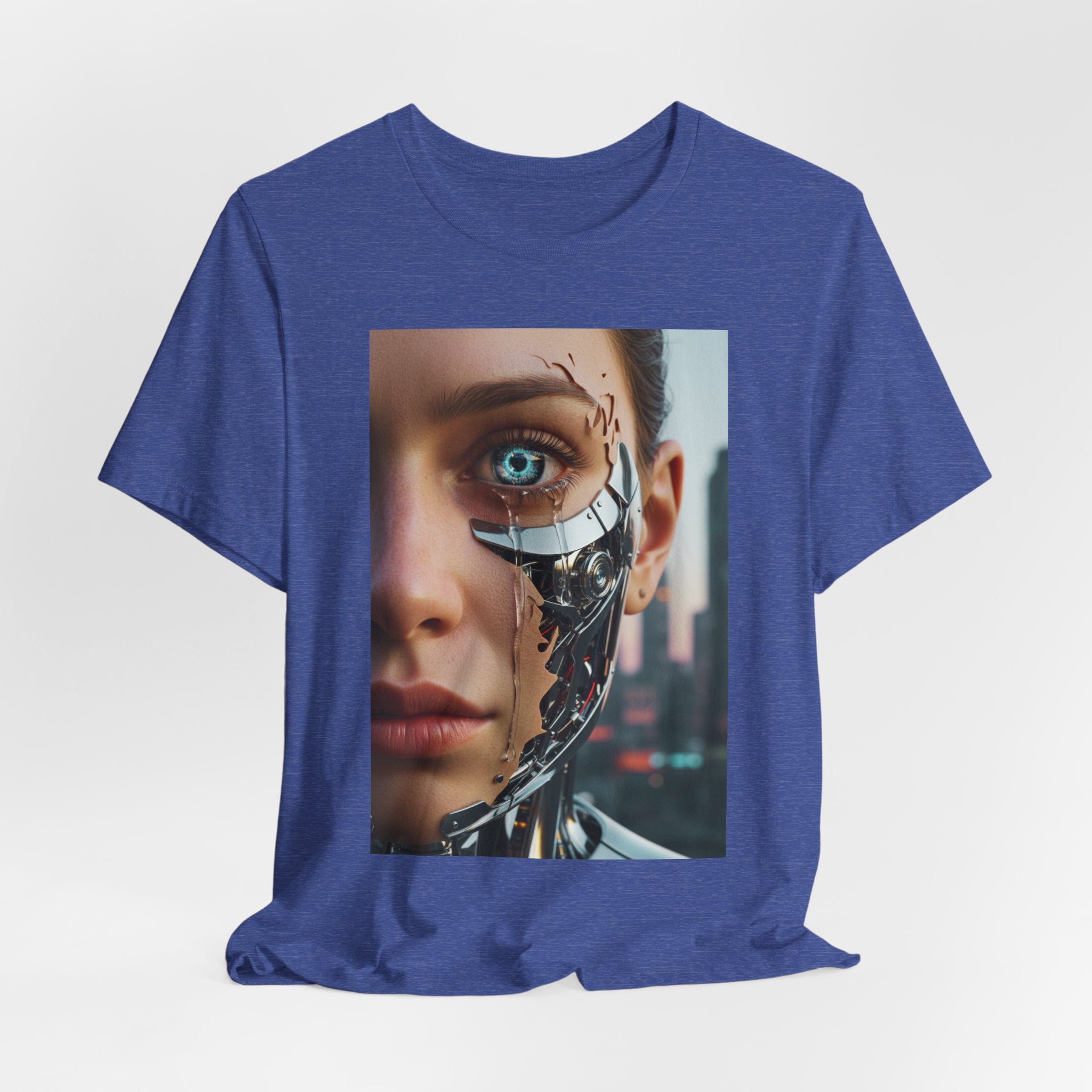 Cyborg Portrait T‑Shirt — Futuristic Android Face Graphic Tee