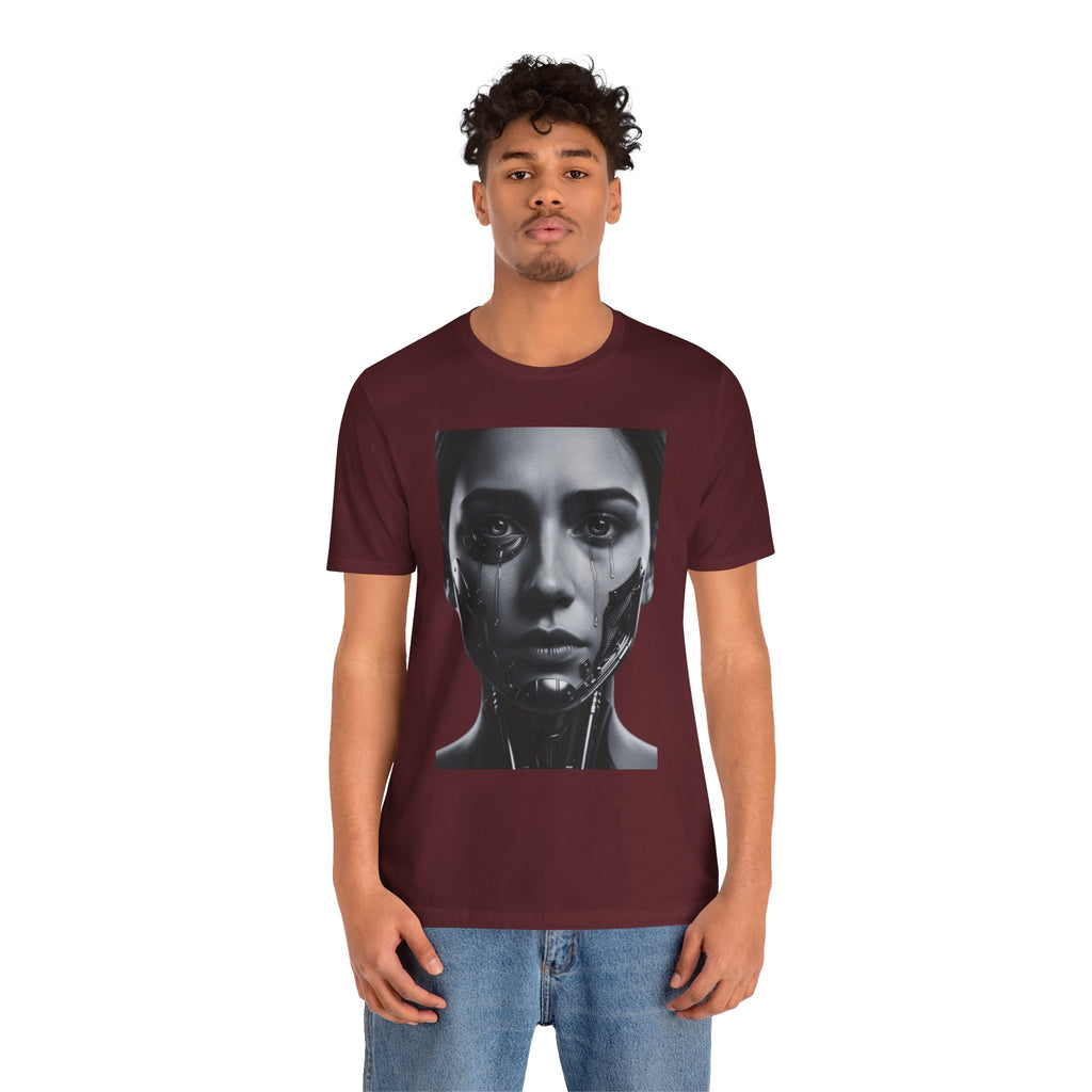 Cybernetic Woman Portrait Tee — Futuristic Black & White Sci‑Fi Face Graphic T-Shirt