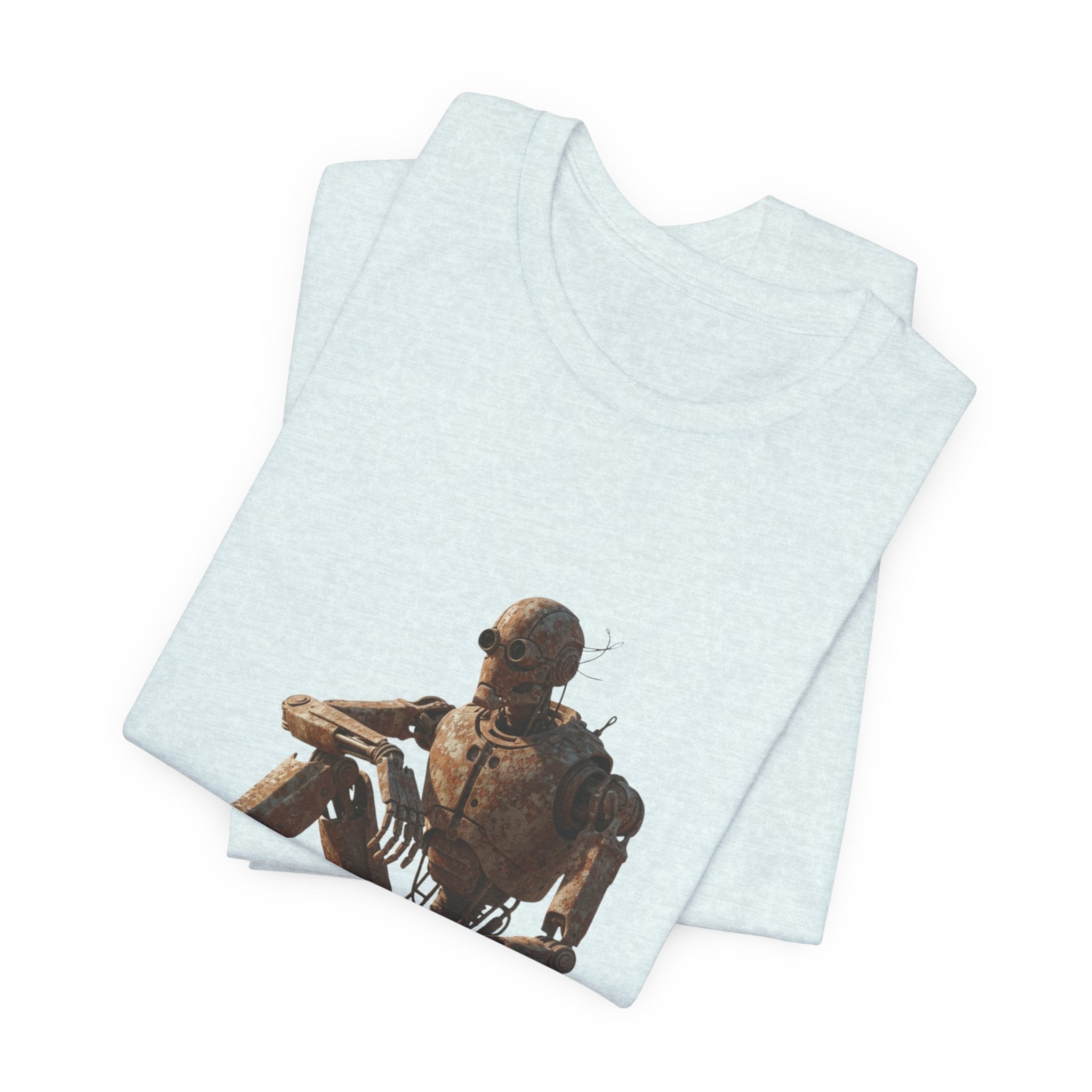 Rustic Robot Art Tee — Sitting Cyborg Graphic T-Shirt