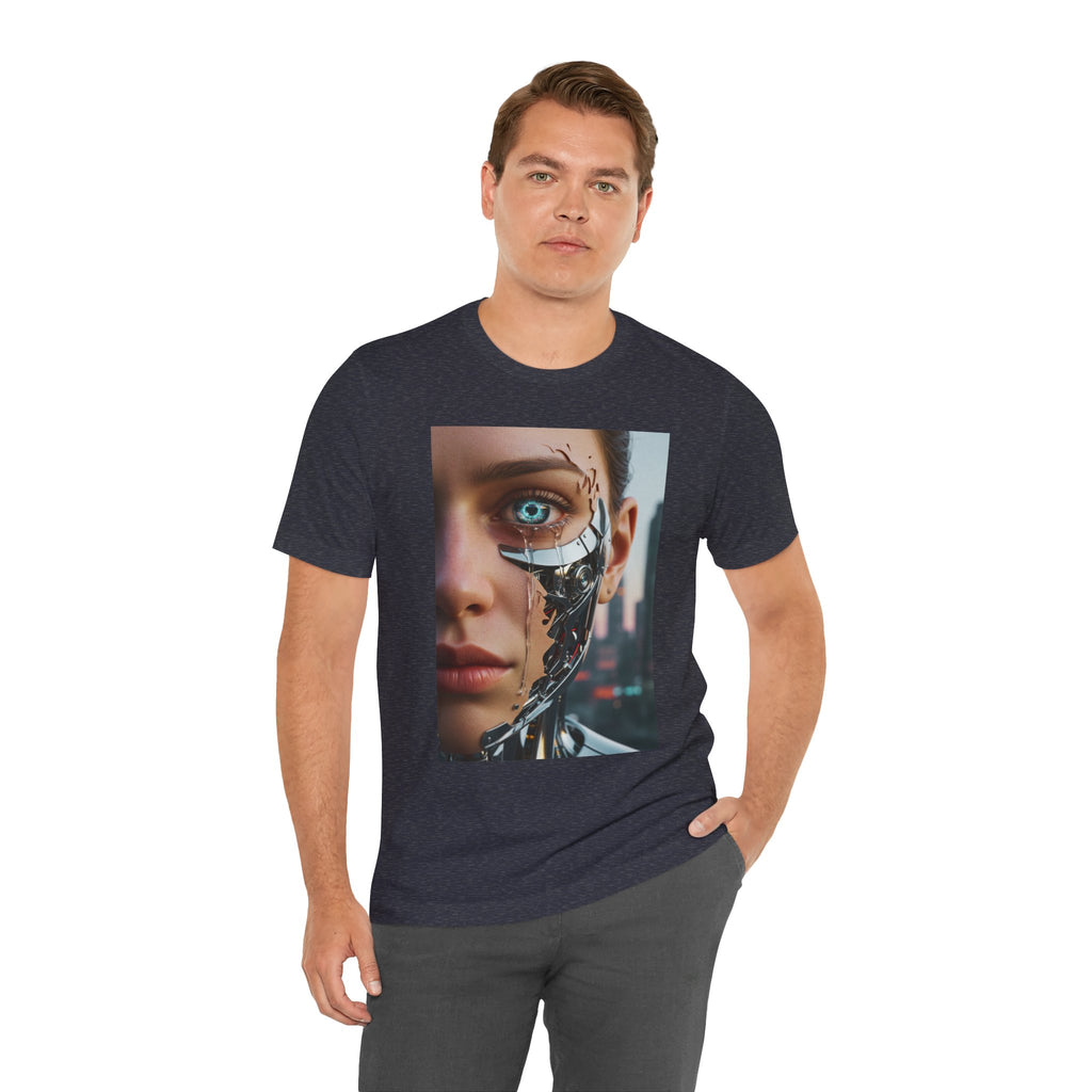 Cyborg Portrait T‑Shirt — Futuristic Android Face Graphic Tee