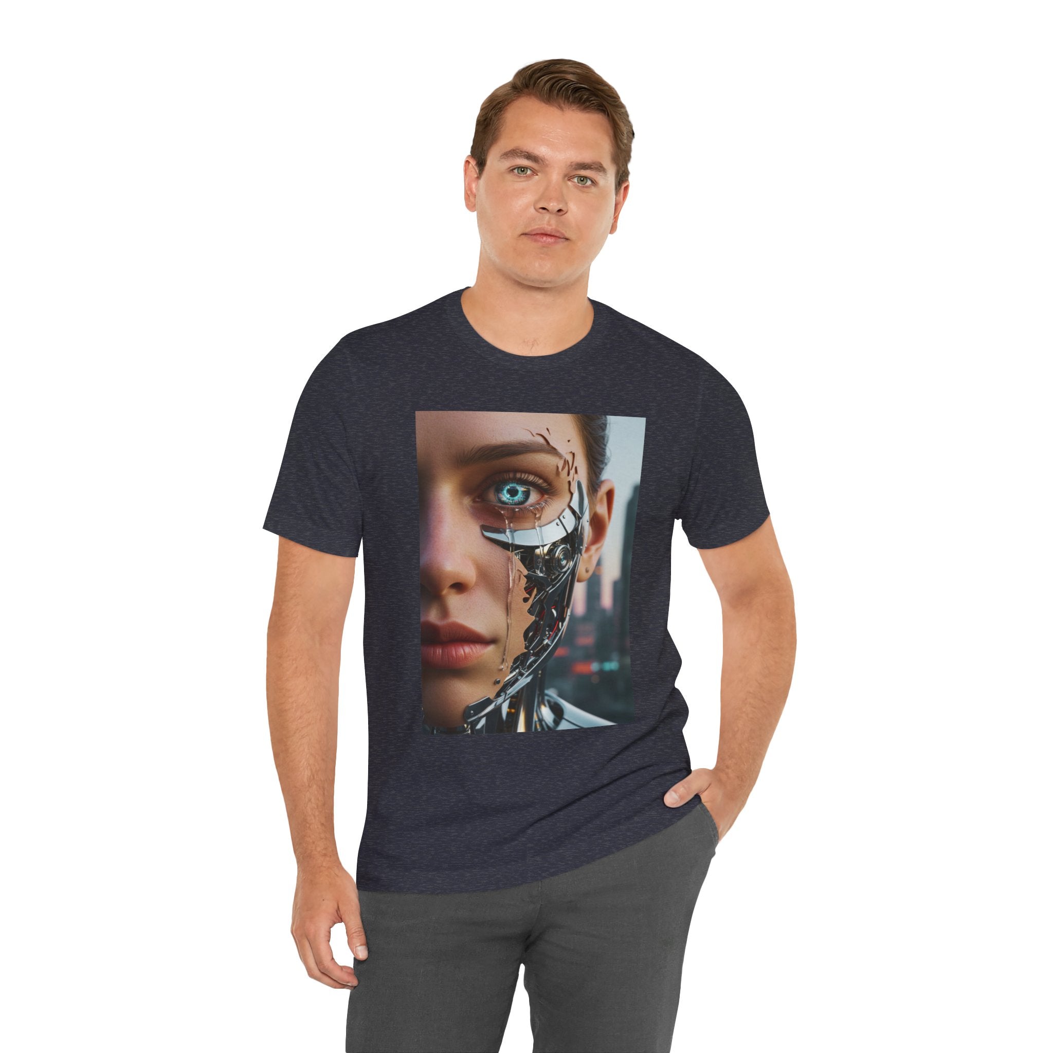 Cyborg Portrait T‑Shirt — Futuristic Android Face Graphic Tee