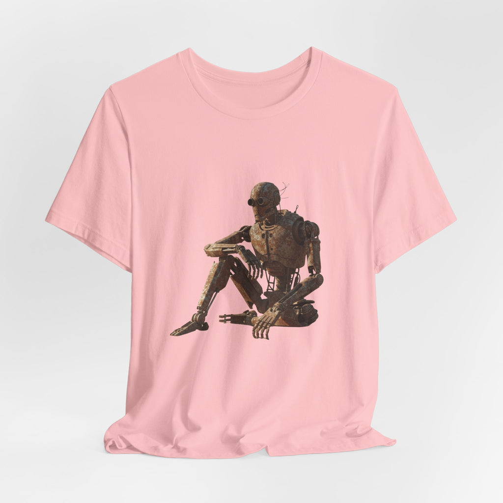 Rustic Robot Art Tee — Sitting Cyborg Graphic T-Shirt