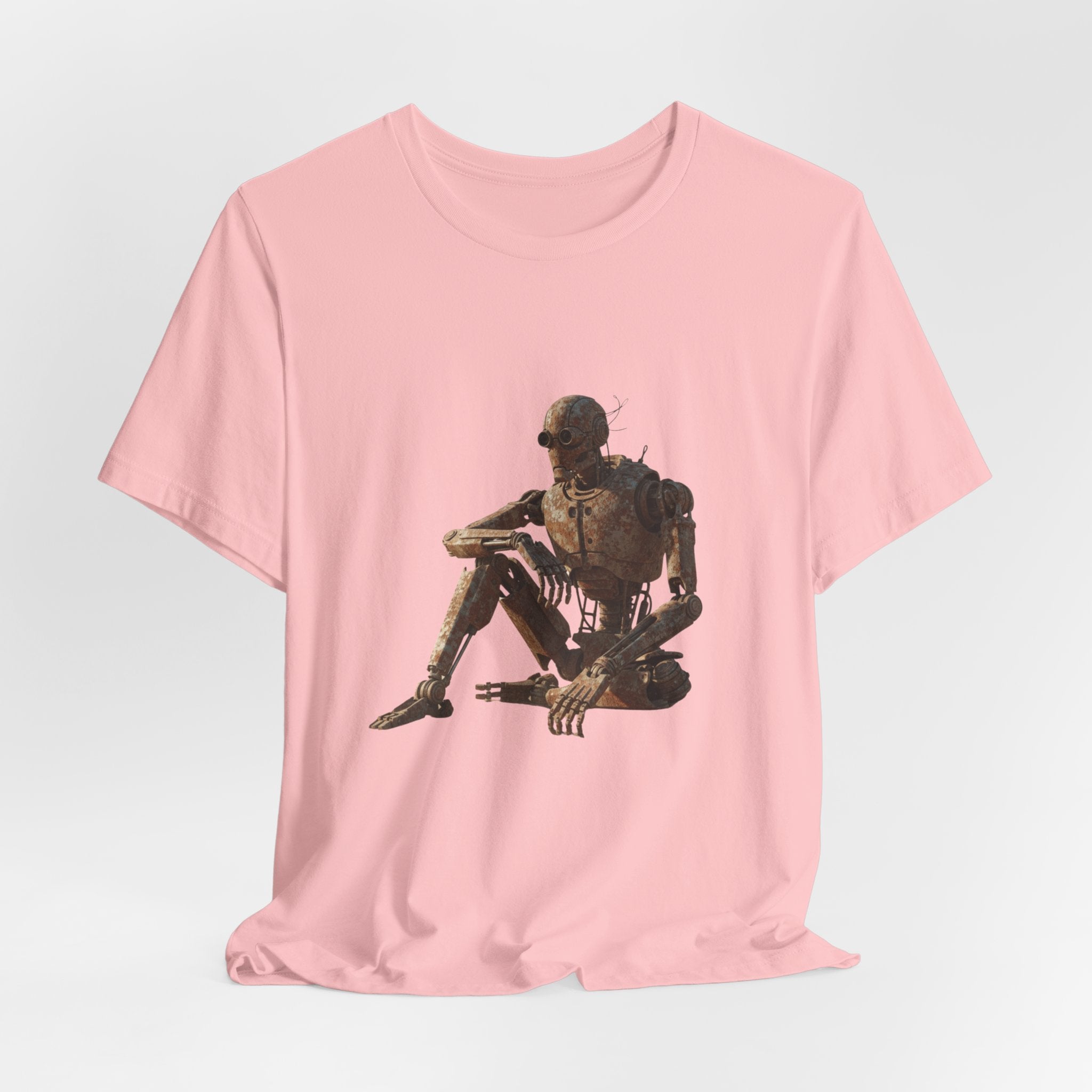Rustic Robot Art Tee — Sitting Cyborg Graphic T-Shirt