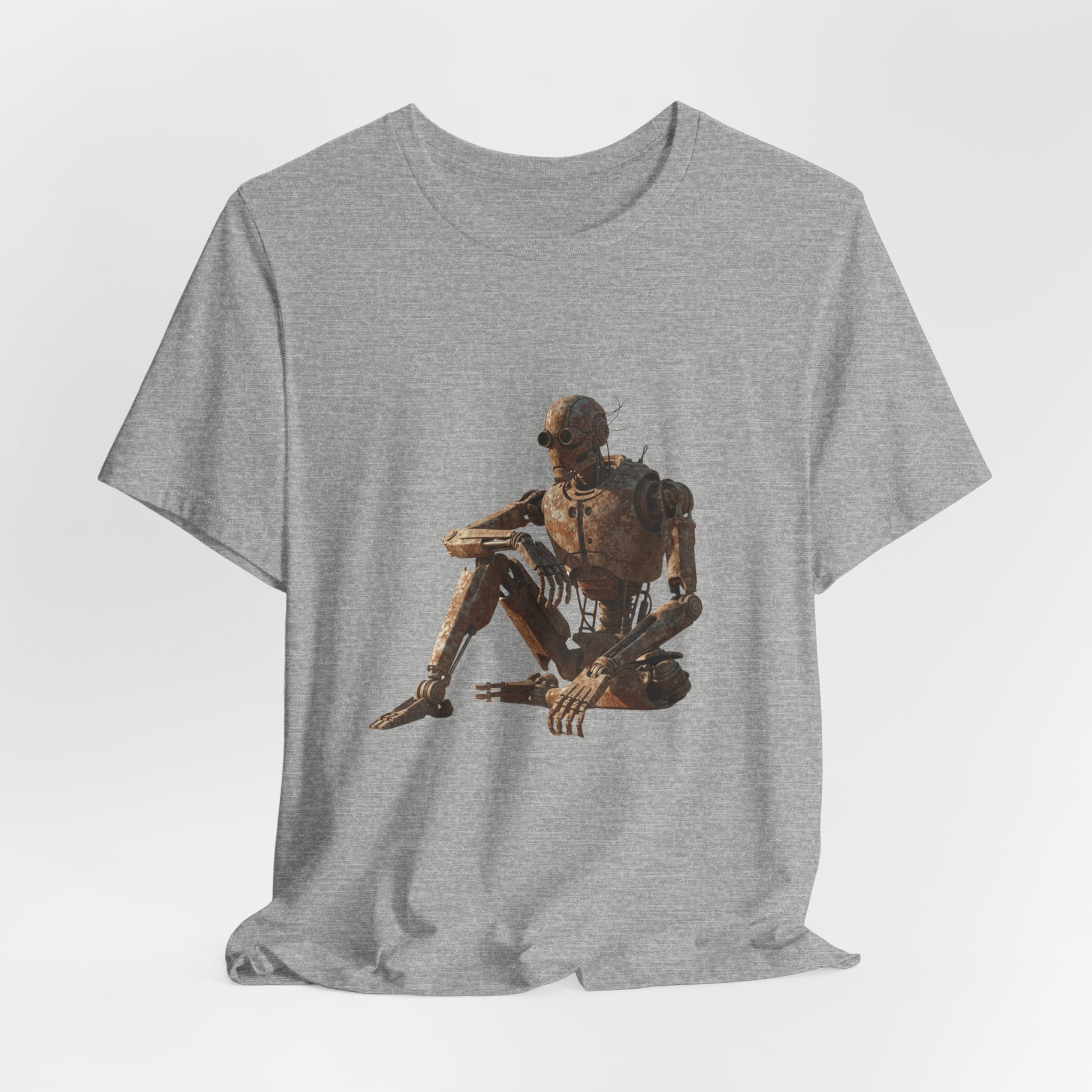 Rustic Robot Art Tee — Sitting Cyborg Graphic T-Shirt