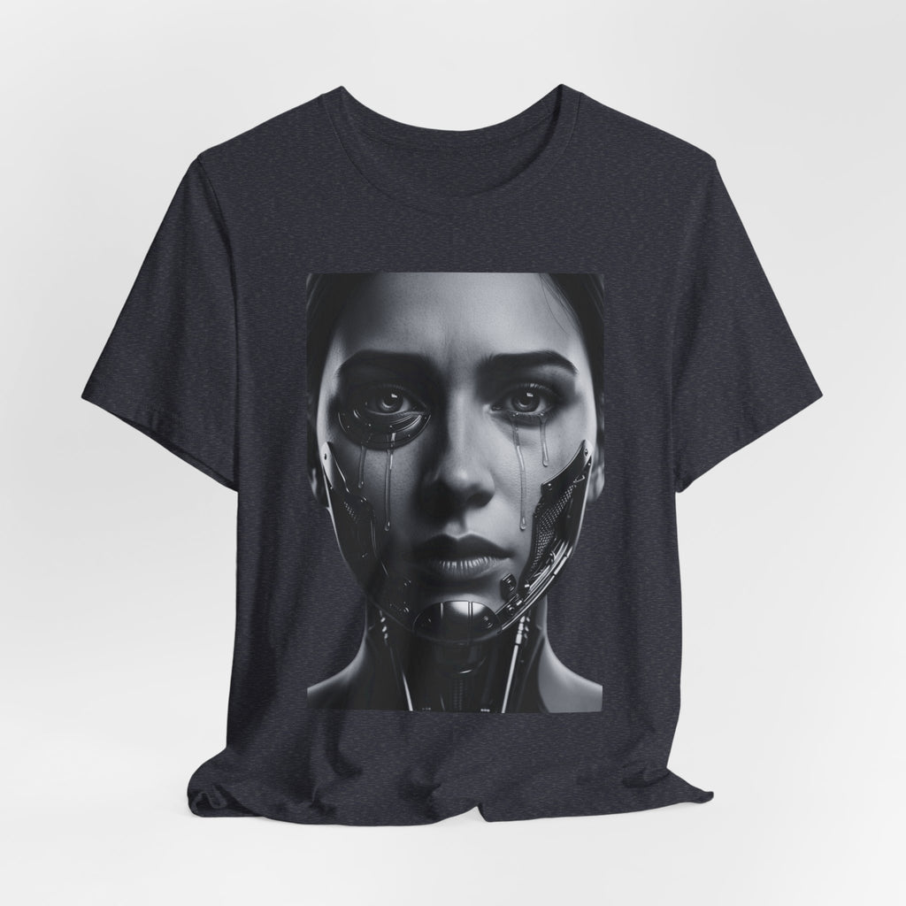 Cybernetic Woman Portrait Tee — Futuristic Black & White Sci‑Fi Face Graphic T-Shirt