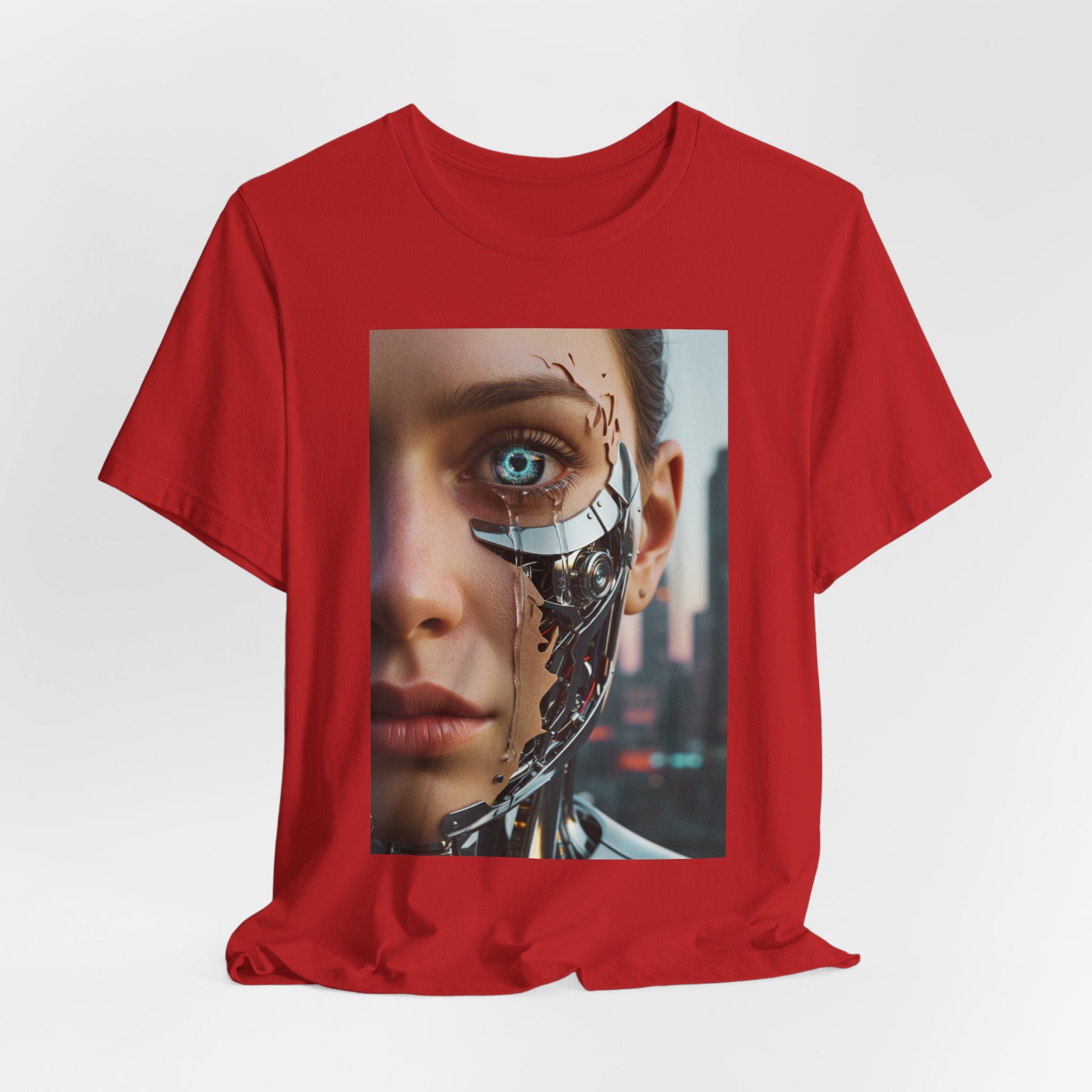 Cyborg Portrait T‑Shirt — Futuristic Android Face Graphic Tee