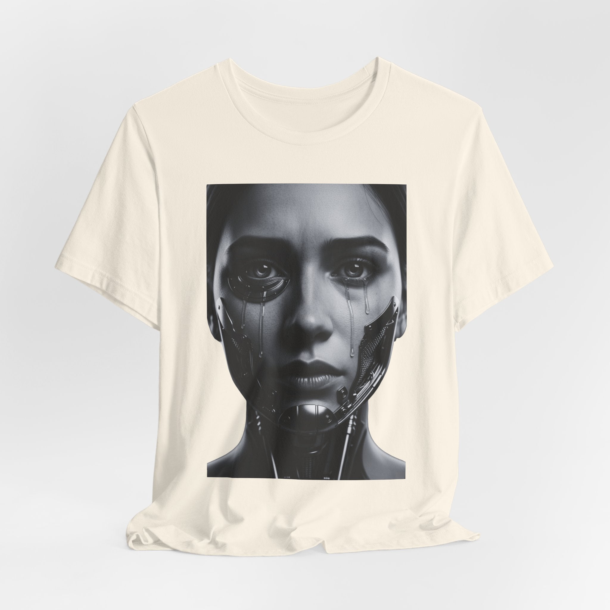 Cybernetic Woman Portrait Tee — Futuristic Black & White Sci‑Fi Face Graphic T-Shirt