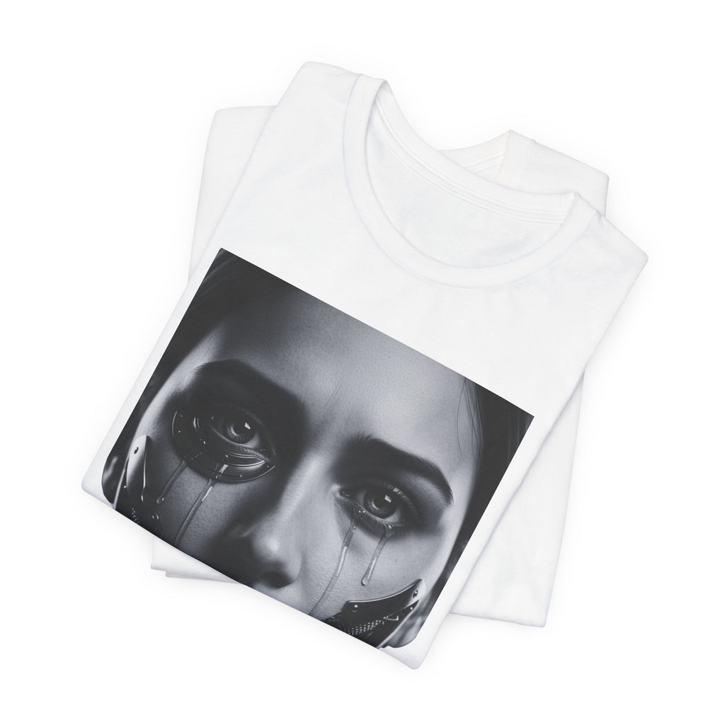 Cybernetic Woman Portrait Tee — Futuristic Black & White Sci‑Fi Face Graphic T-Shirt