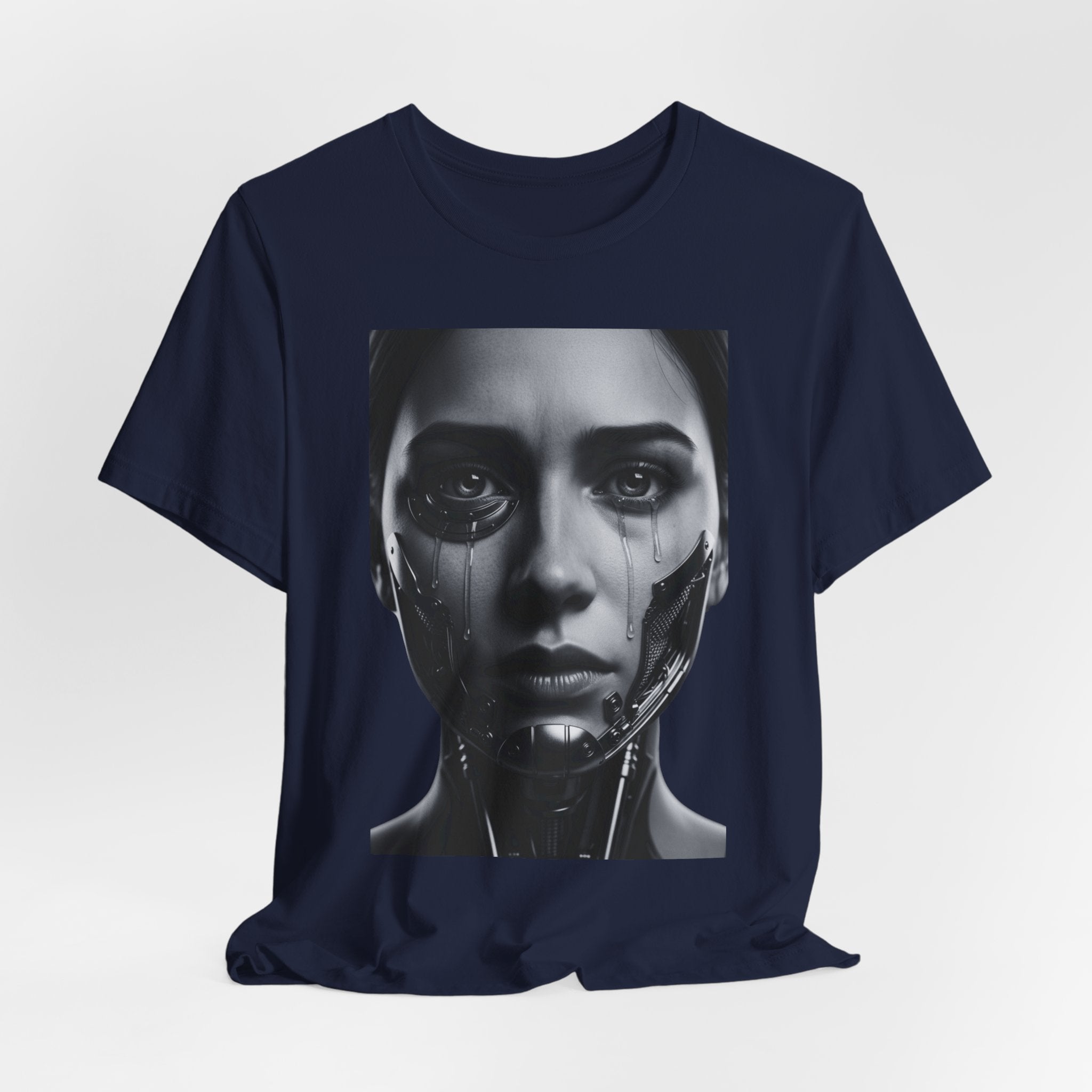Cybernetic Woman Portrait Tee — Futuristic Black & White Sci‑Fi Face Graphic T-Shirt