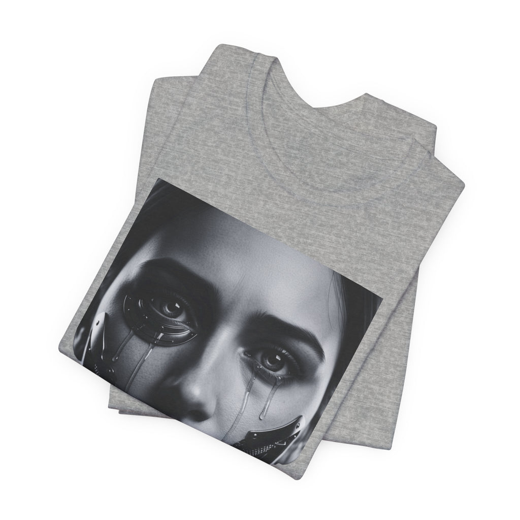 Cybernetic Woman Portrait Tee — Futuristic Black & White Sci‑Fi Face Graphic T-Shirt