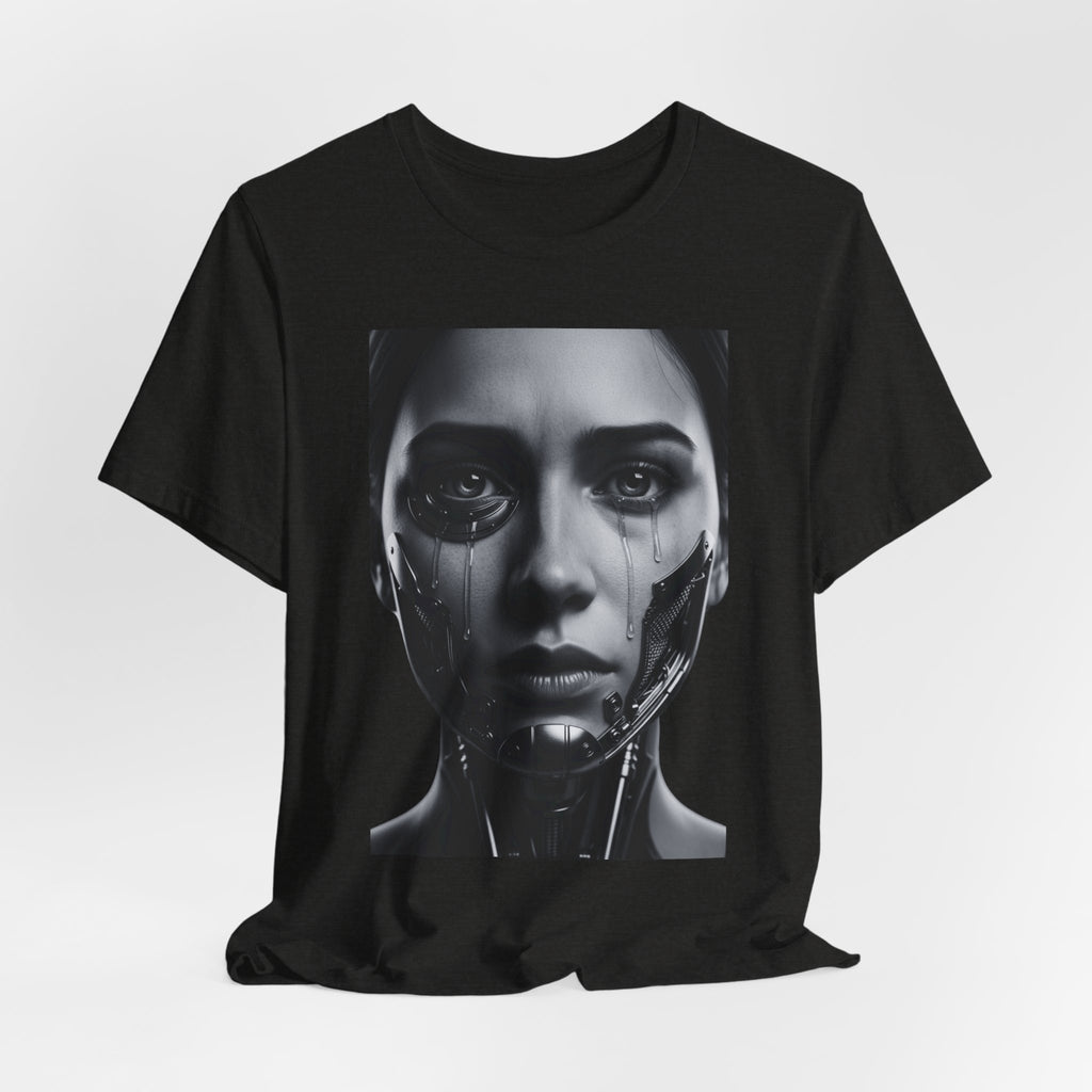 Cybernetic Woman Portrait Tee — Futuristic Black & White Sci‑Fi Face Graphic T-Shirt