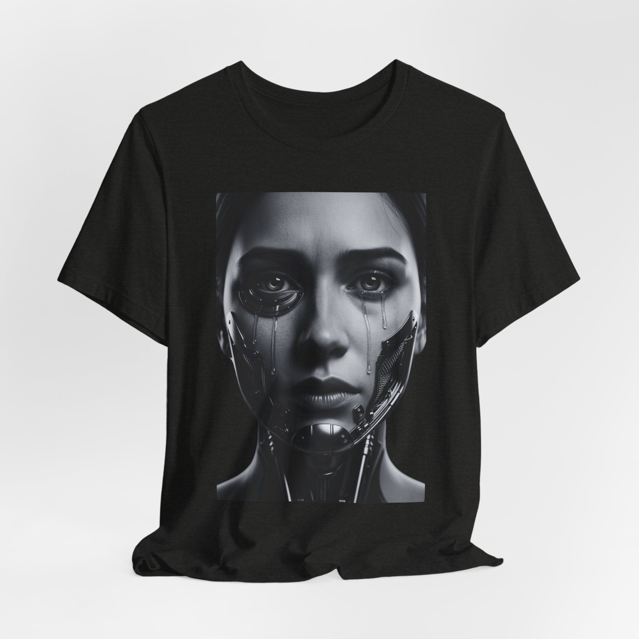 Cybernetic Woman Portrait Tee — Futuristic Black & White Sci‑Fi Face Graphic T-Shirt