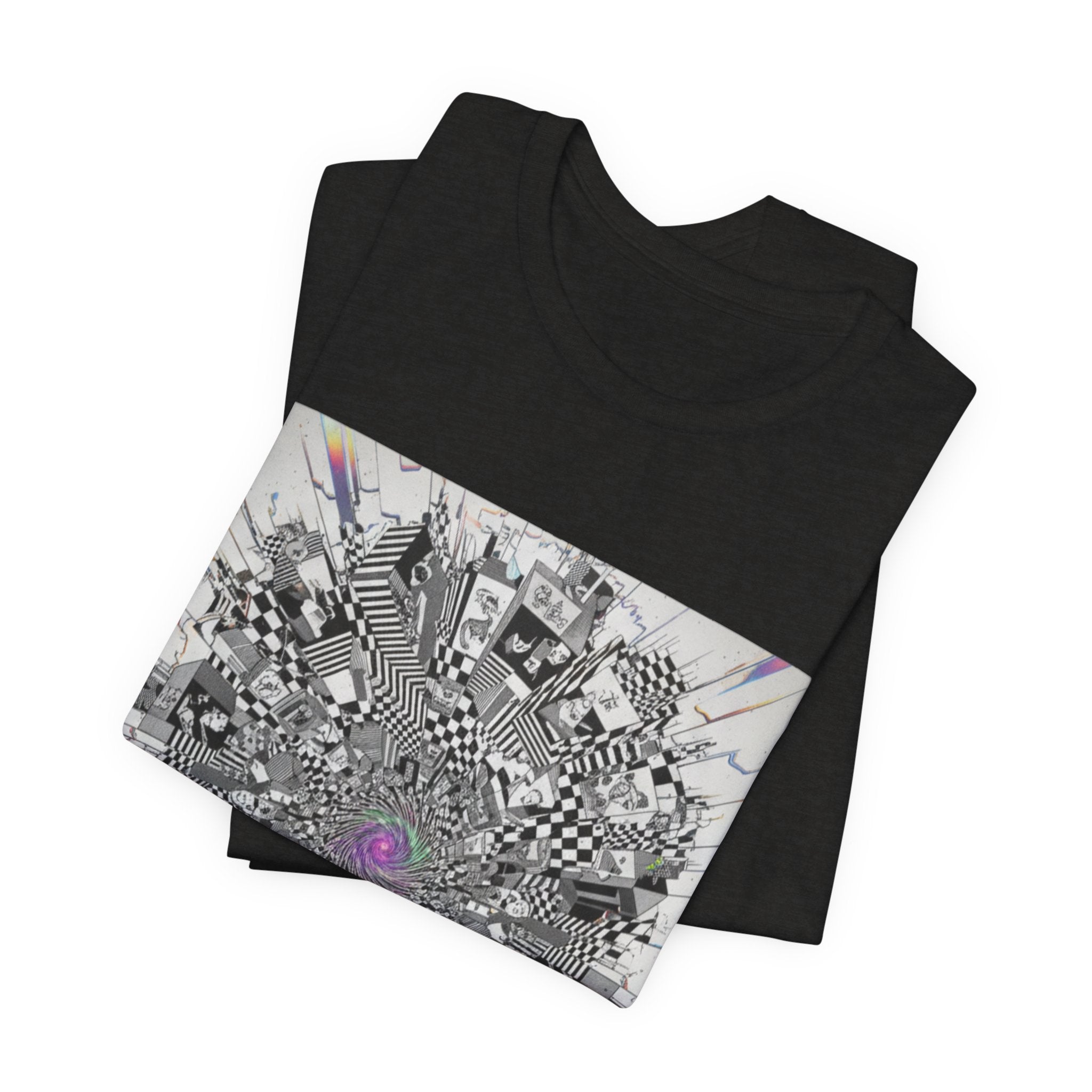 Psychedelic Cityscape Tee — Abstract Optical Art T‑Shirt with Purple Eye