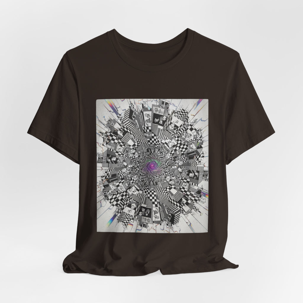Psychedelic Cityscape Tee — Abstract Optical Art T‑Shirt with Purple Eye