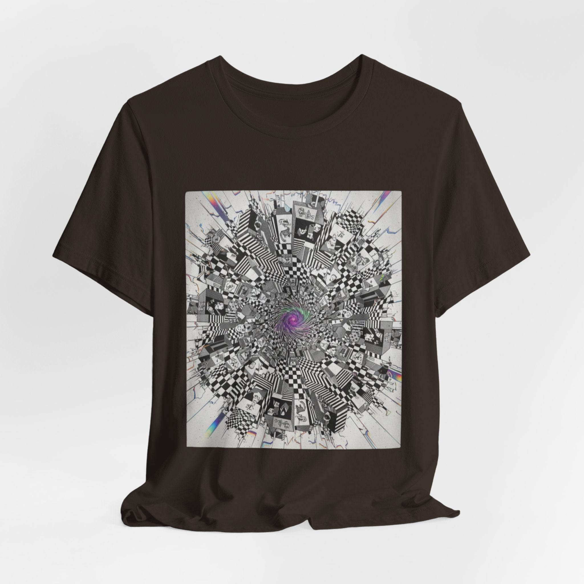 Psychedelic Cityscape Tee — Abstract Optical Art T‑Shirt with Purple Eye