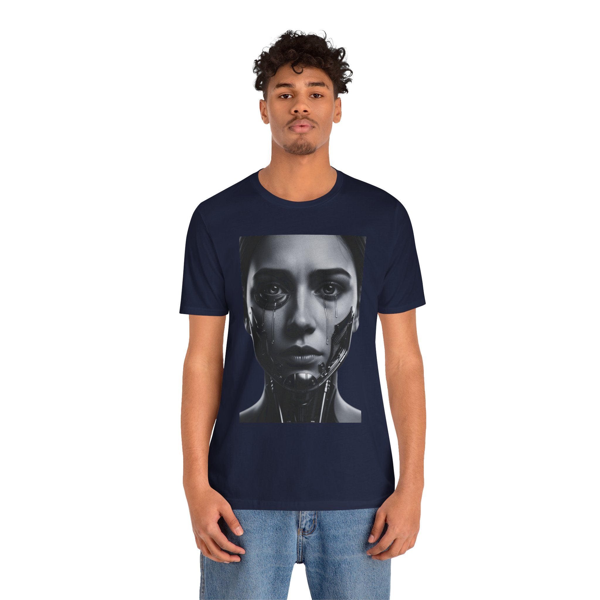 Cybernetic Woman Portrait Tee — Futuristic Black & White Sci‑Fi Face Graphic T-Shirt