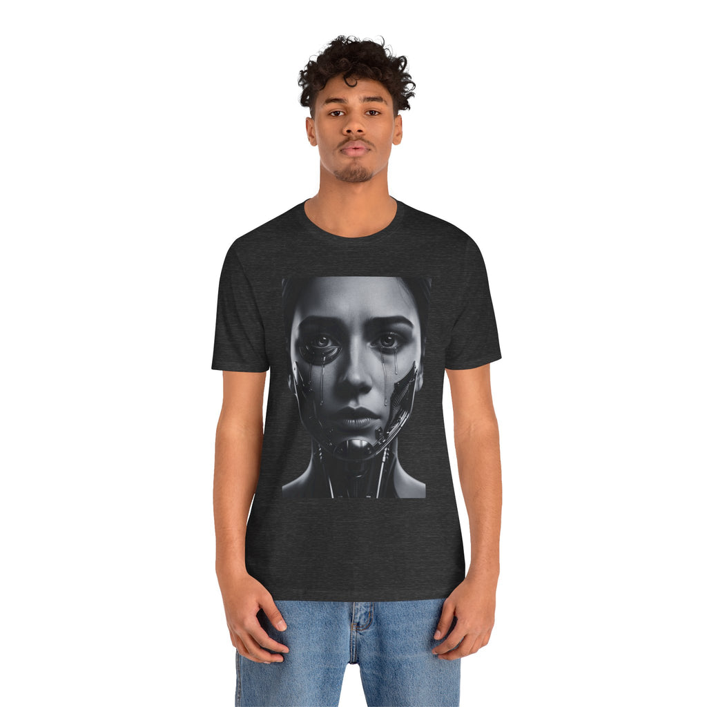 Cybernetic Woman Portrait Tee — Futuristic Black & White Sci‑Fi Face Graphic T-Shirt