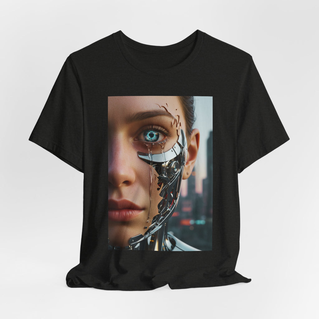 Cyborg Portrait T‑Shirt — Futuristic Android Face Graphic Tee